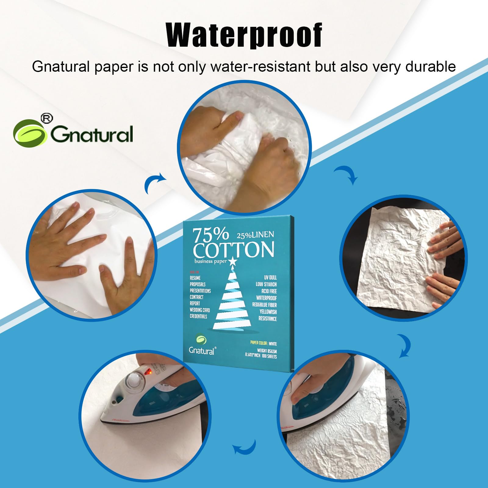 75% Cotton 25% Linen Business Paper, 85gsm 8.5”×11” Inkjet Printer Paper, Waterproof White Copy Paper -100 Sheets Printing Paper（Low Starch）