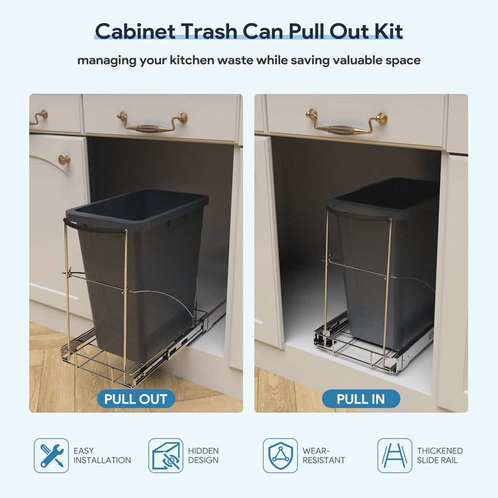 Pull Out Garbage Bin Kitchen,Roll Out Trash Can Under Cabinet,Under Sink Slide Out Organizer,Cabinet Garbage Can Slide Out Kit with Silicone Handle,Chrome-Waste Bin Not Included
