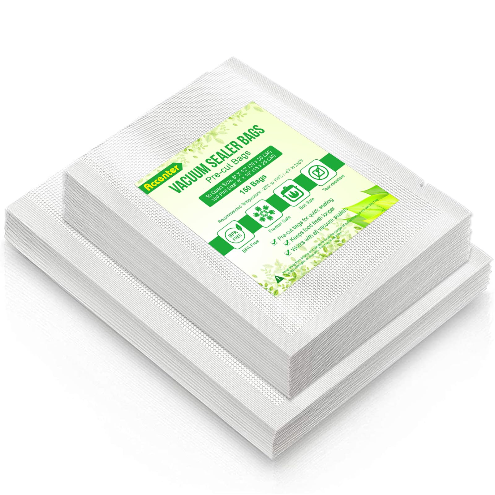 Accenter Vacuum Sealer Bags 6'' x 10'' (100 Pint) + 8'' x 12'' (50 Quart) Precut Heavy Duty Food Saver Bags Sac Sous Vide Bags for Food Storage & Preservation