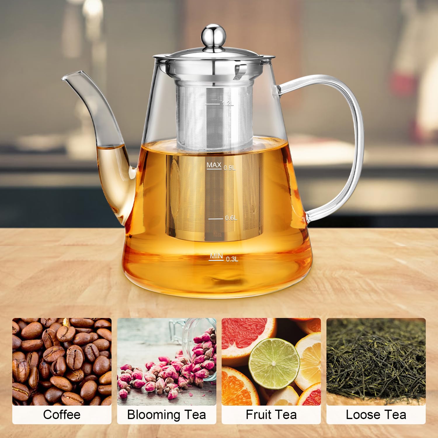 Glass Teapot, Zpose 1200ml Teapot with Removable Loose Tea Infuser, Clear Borosilicate Glass Tea Pot with Scale Line, Tea Pots Set for Loose Leaf Tea and Blooming Tea, Gift Box for Tea Maker