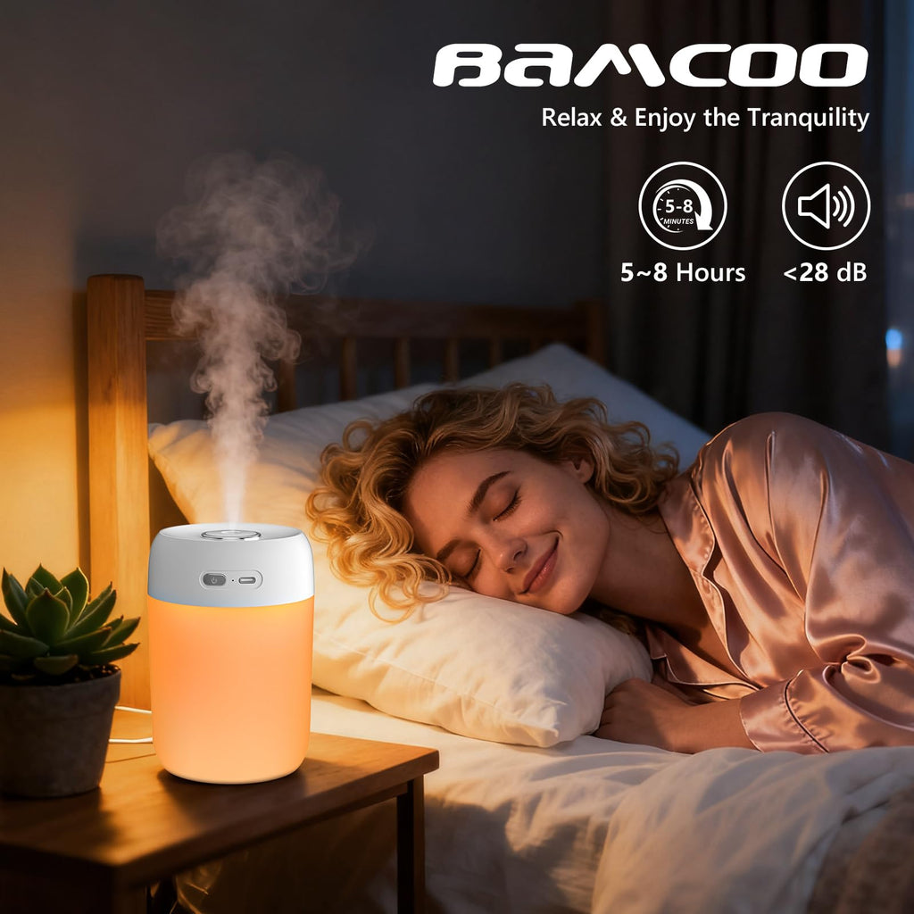 BAMCOO Small Humidifier, 650ml Colorful Mini Humidifier for Bedroom, Office, Desktop, Baby Room, Plants, Cool Mist Humidifier(White)