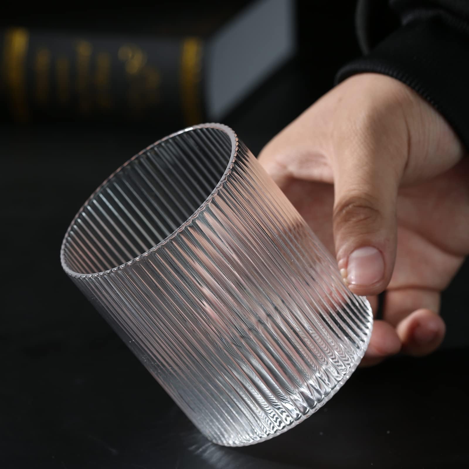 QCKNSO Drinking Glasses Set of 6, 10 oz Ribbed Drinking Glasses, Vintage Glassware Set Cocktail Glass for Water,Beverage,Wine, Cute Glass Cups, Iced Coffee Cup
