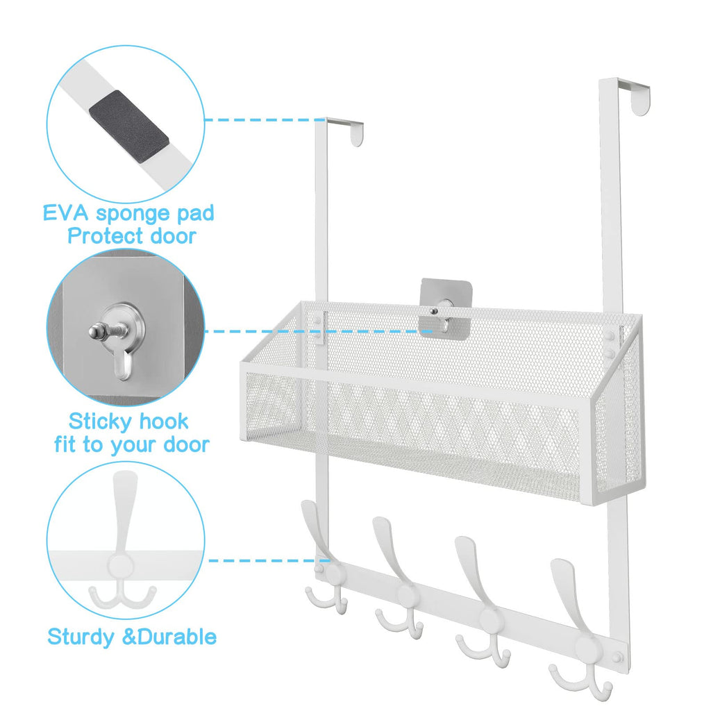 Kaiferty Over The Door Hooks Organizer, Door Hanger Towel Rack Mesh Basket with 12 Hooks,Over The Door Storage Coat Hooks Behind Door Organizer for Bathroom,Bedroom,Kitchen,Office (White, 2-Tier)