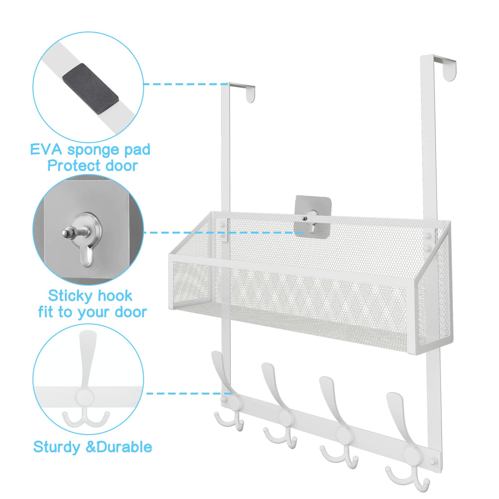 Kaiferty Over The Door Hooks Organizer, Door Hanger Towel Rack Mesh Basket with 12 Hooks,Over The Door Storage Coat Hooks Behind Door Organizer for Bathroom,Bedroom,Kitchen,Office (White, 2-Tier)