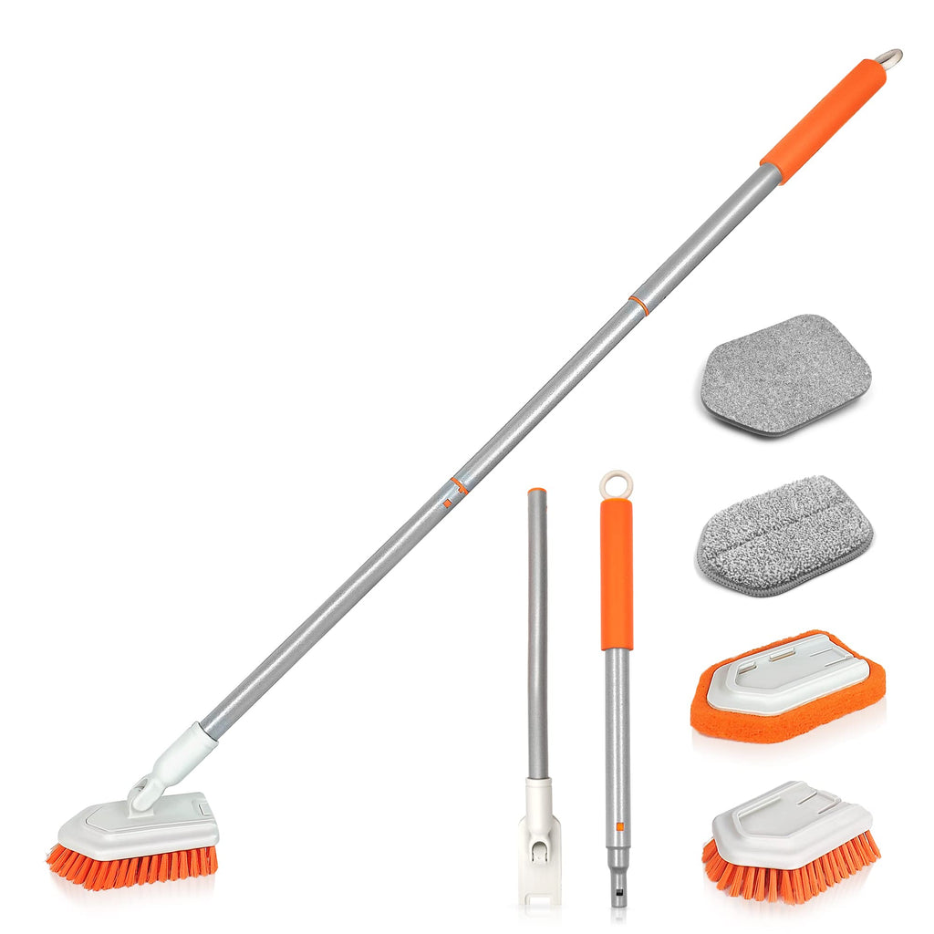 JEHONN 4-in-1 Tile Tub Scrubber with Long Handle, Upgraded Shower Cleaning Brush, 4 Different Function Scrub Brush Attachments Head for Bathroom, Bathtub, Floor, Wall, Baseboard