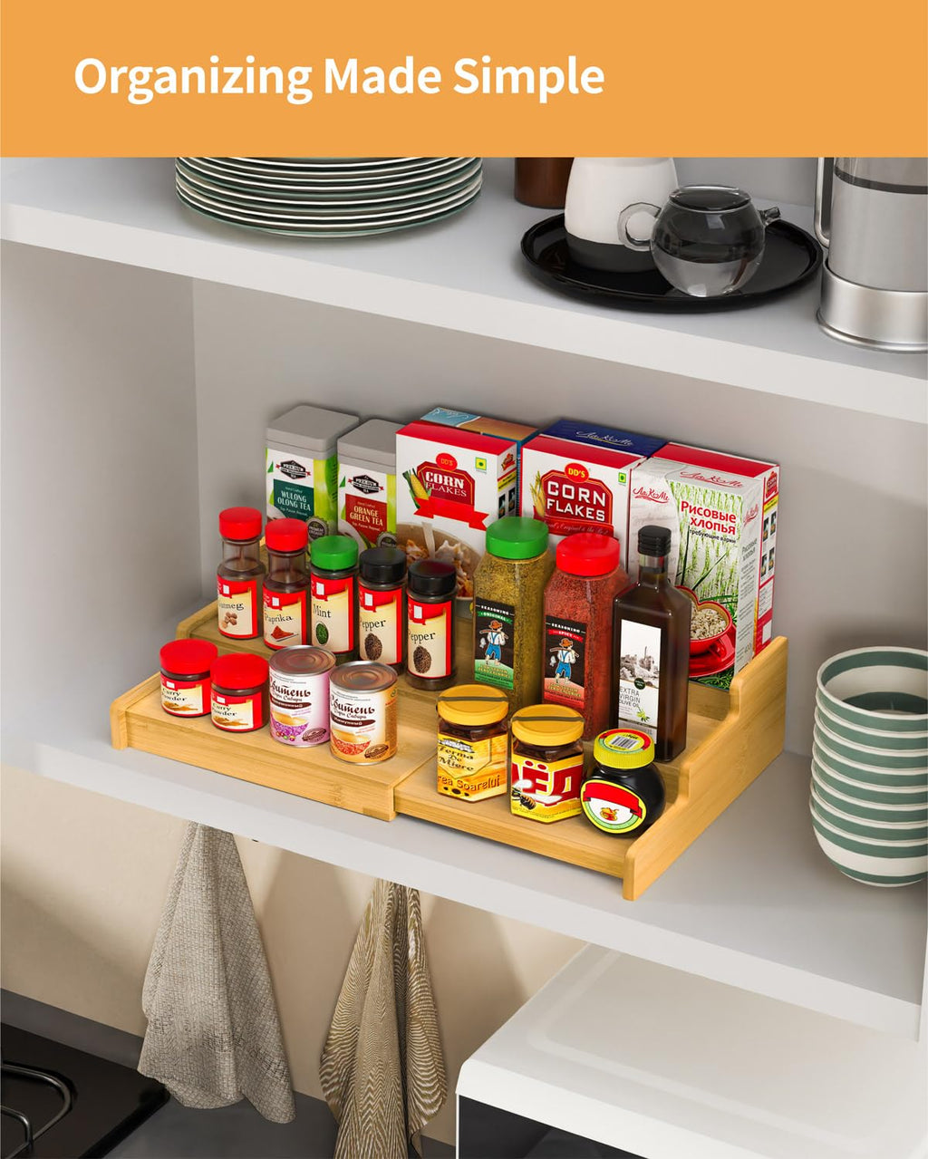 3-Tier Expandable Bamboo Spice Rack Organizer for Kitchen Cabinet & Pantry - Adjustable Wooden Storage Shelf, Countertop or Drawer Spice Rack for Canadian Kitchen