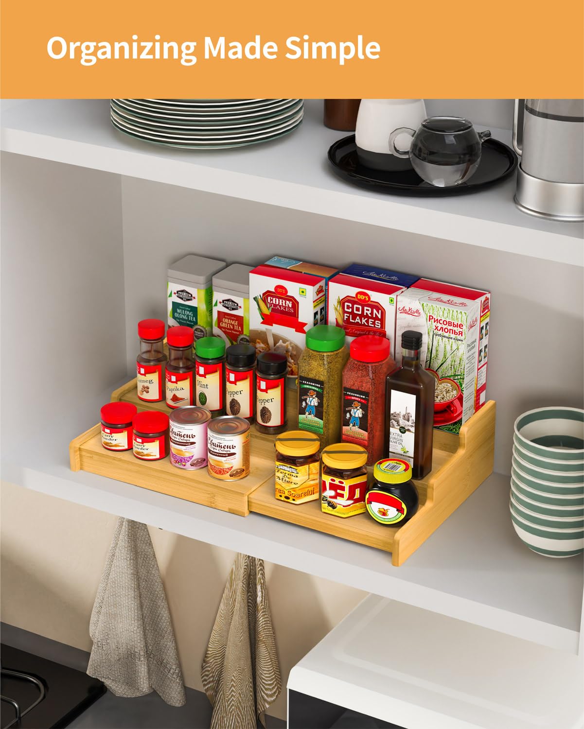 3-Tier Expandable Bamboo Spice Rack Organizer for Kitchen Cabinet & Pantry - Adjustable Wooden Storage Shelf, Countertop or Drawer Spice Rack for Canadian Kitchen