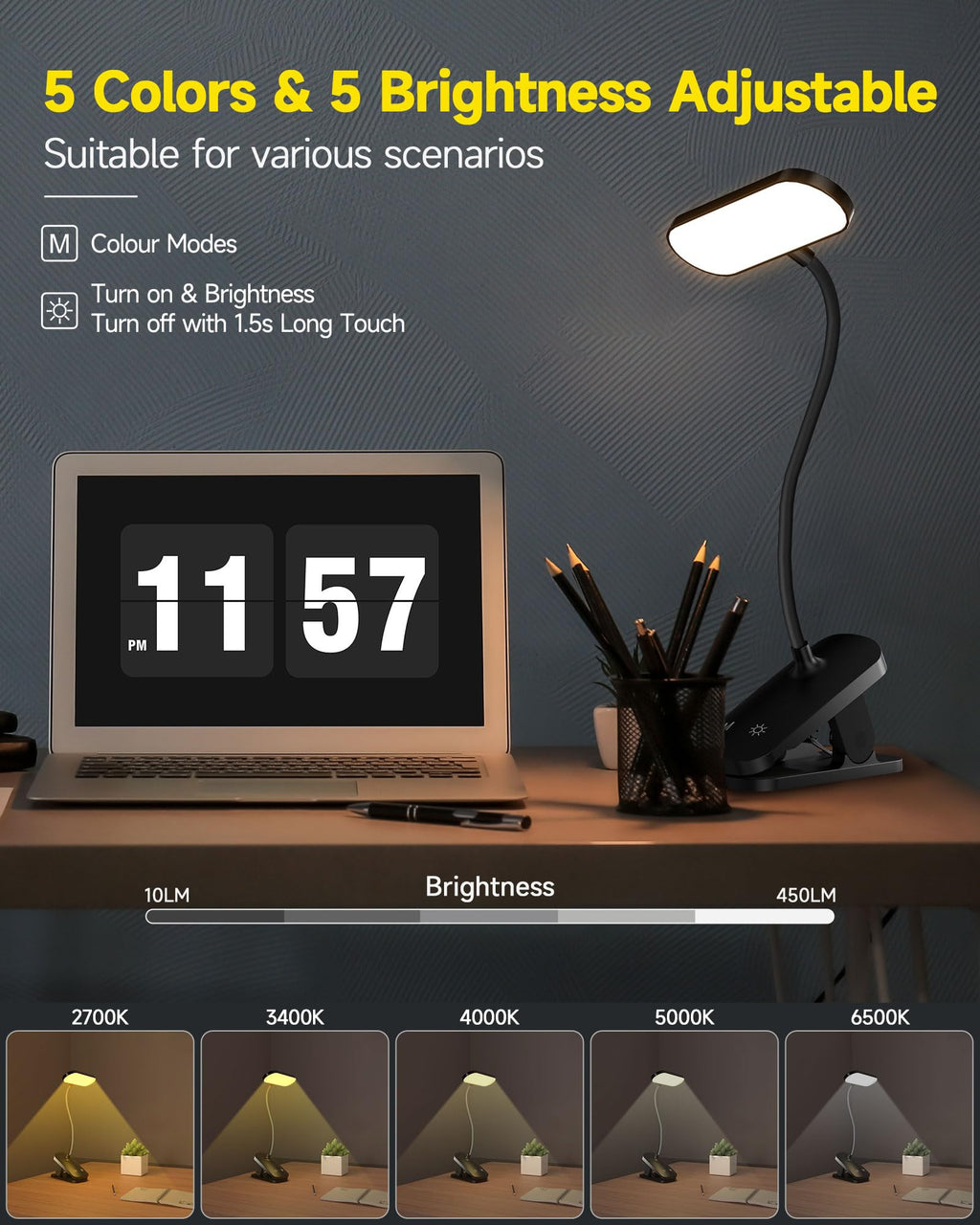 CUHIOY Desk Lamp Clip on Reading Light, USB-C Battery-Operated Rechargeable Table Lamps with Clamp for Dorm Home Office, 38LEDs Bed Headboard Light, 5 Colors 5 Brightness, Flexible Gooseneck（Black）