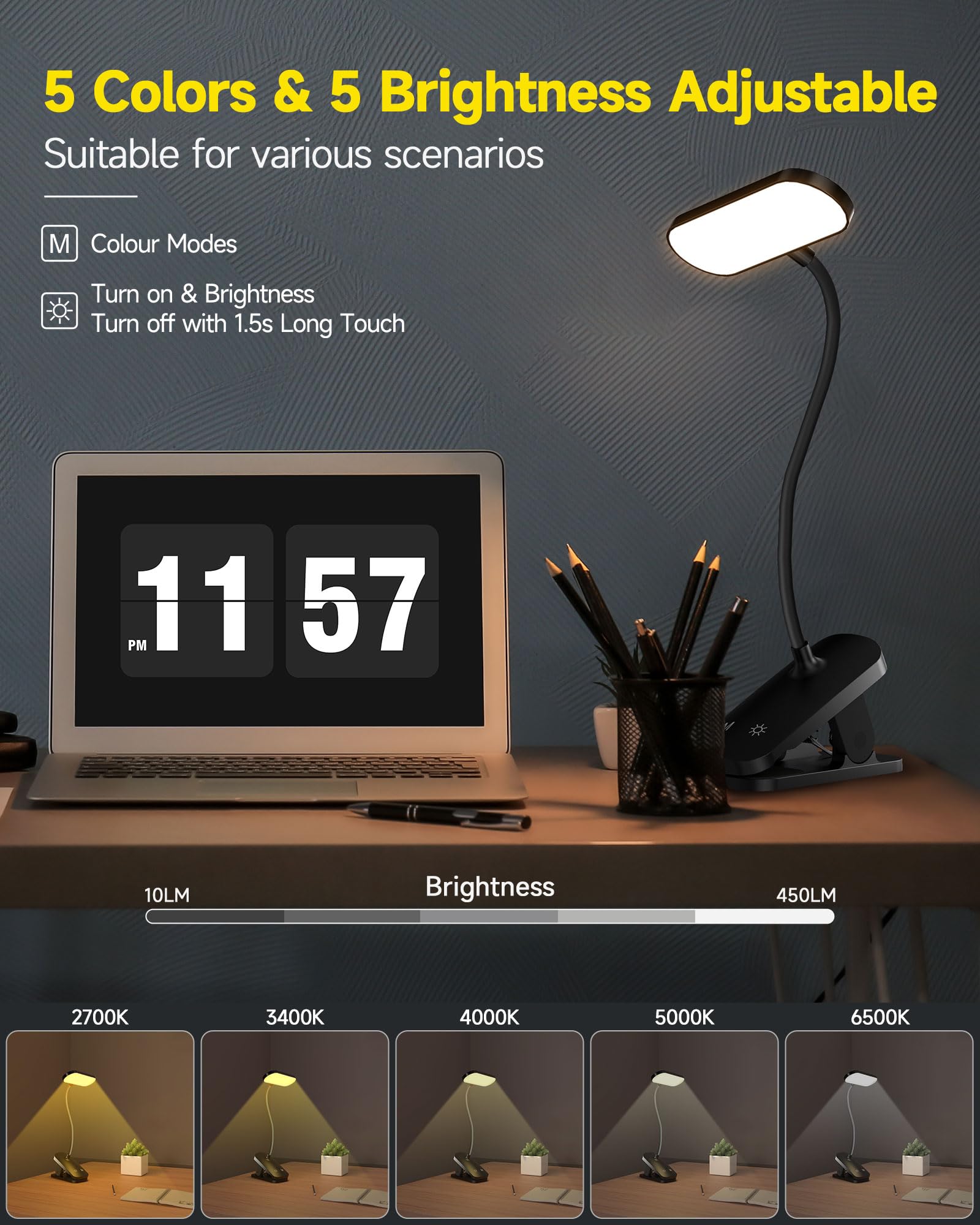 CUHIOY Desk Lamp Clip on Reading Light, USB-C Battery-Operated Rechargeable Table Lamps with Clamp for Dorm Home Office, 38LEDs Bed Headboard Light, 5 Colors 5 Brightness, Flexible Gooseneck（Black）