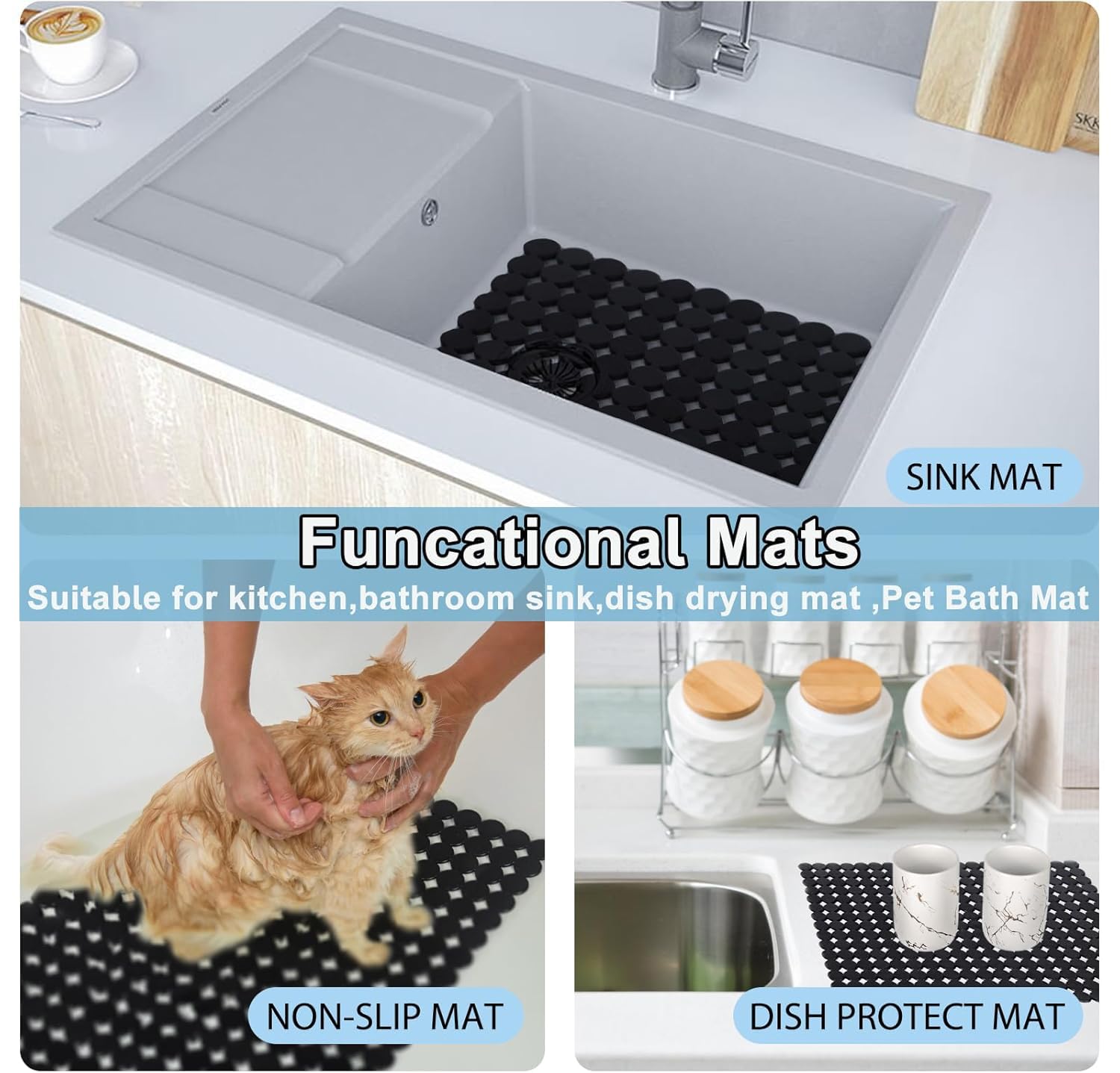 Kitchen Sink Mat for Stainless Steel/Ceramic Sinks,2 Pack Sink Protectors for Kitchen Sink with Scissors, Fast Draining,Easy to Clean,DIY Cut,15.7 X 11.8 Inch(Dark Black)