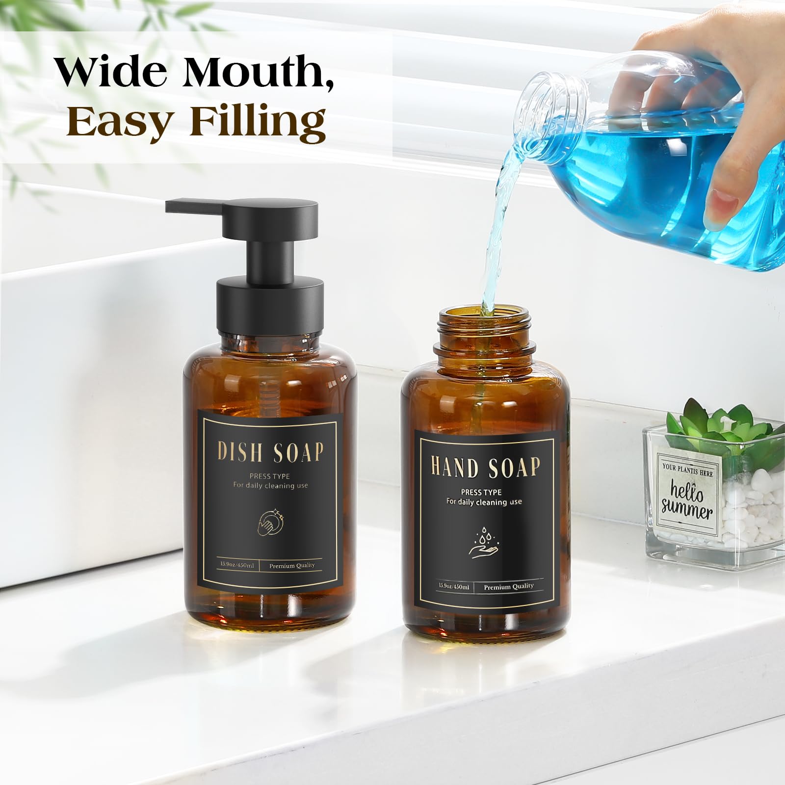 Luxspire Foaming Soap Dispenser, Glass Foam Pump Soap Dispenser, Non-Slip Hand Soap Dispenser with 5 Waterproof Labels, 15 Oz Refillable Liquid Soap Dispenser for Bathroom & Kitchen, Amber, 2 Pack