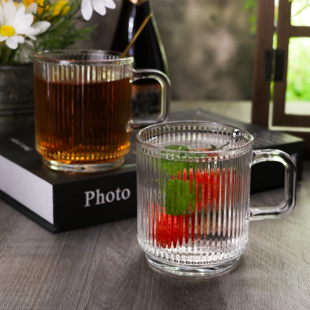 Ymyaye Clear Glass Coffee Mug Set of 4, 12 Ounces Ribbed Glassware with Spoon, Classic Vertical Stripes Tea Mugs for Soda, Latte, Espresso, Cappuccino, Gift for Birthday Holidays Wedding Anniversary