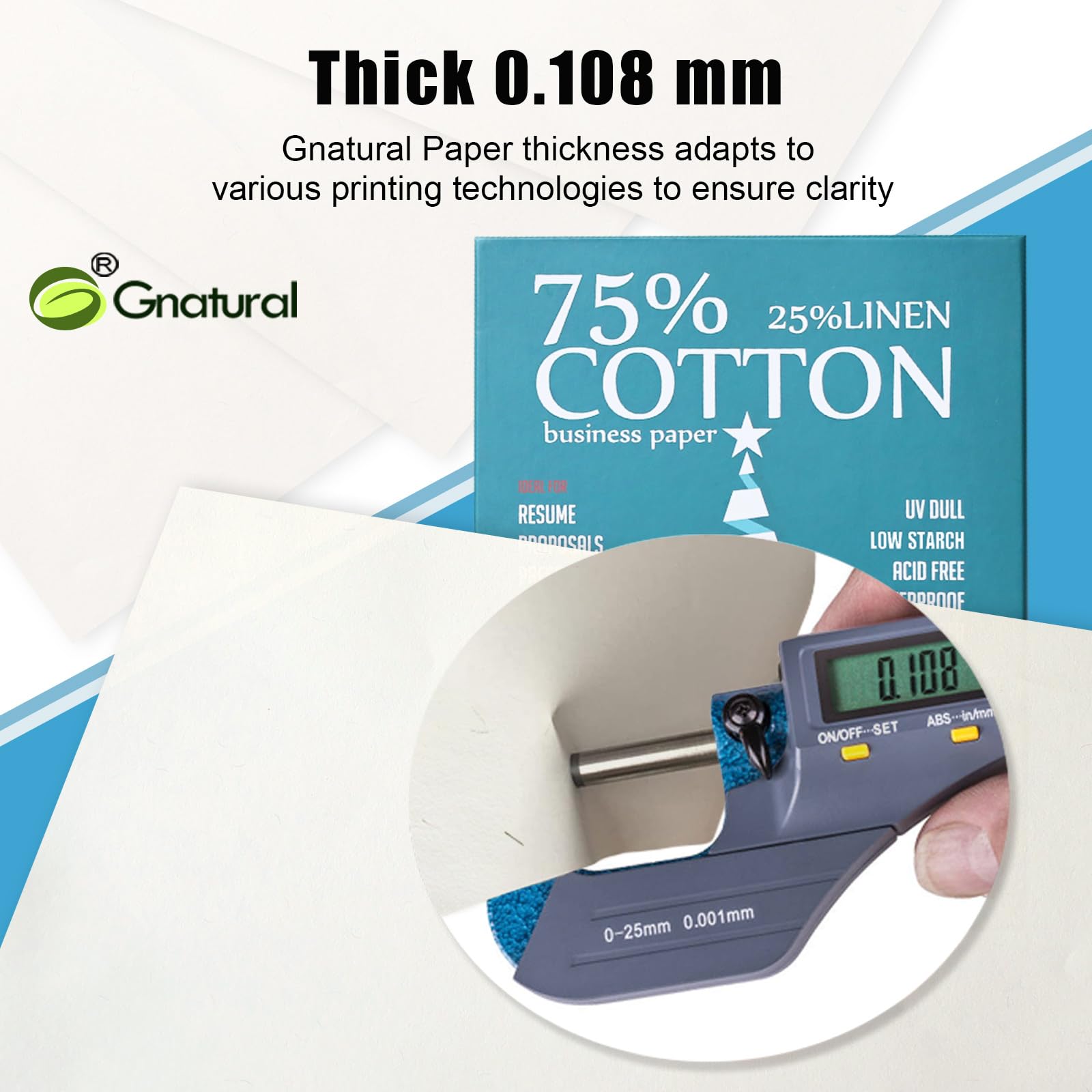 75% Cotton 25% Linen Business Paper, 85gsm 8.5”×11” Inkjet Printer Paper, Waterproof White Copy Paper -100 Sheets Printing Paper（Low Starch）