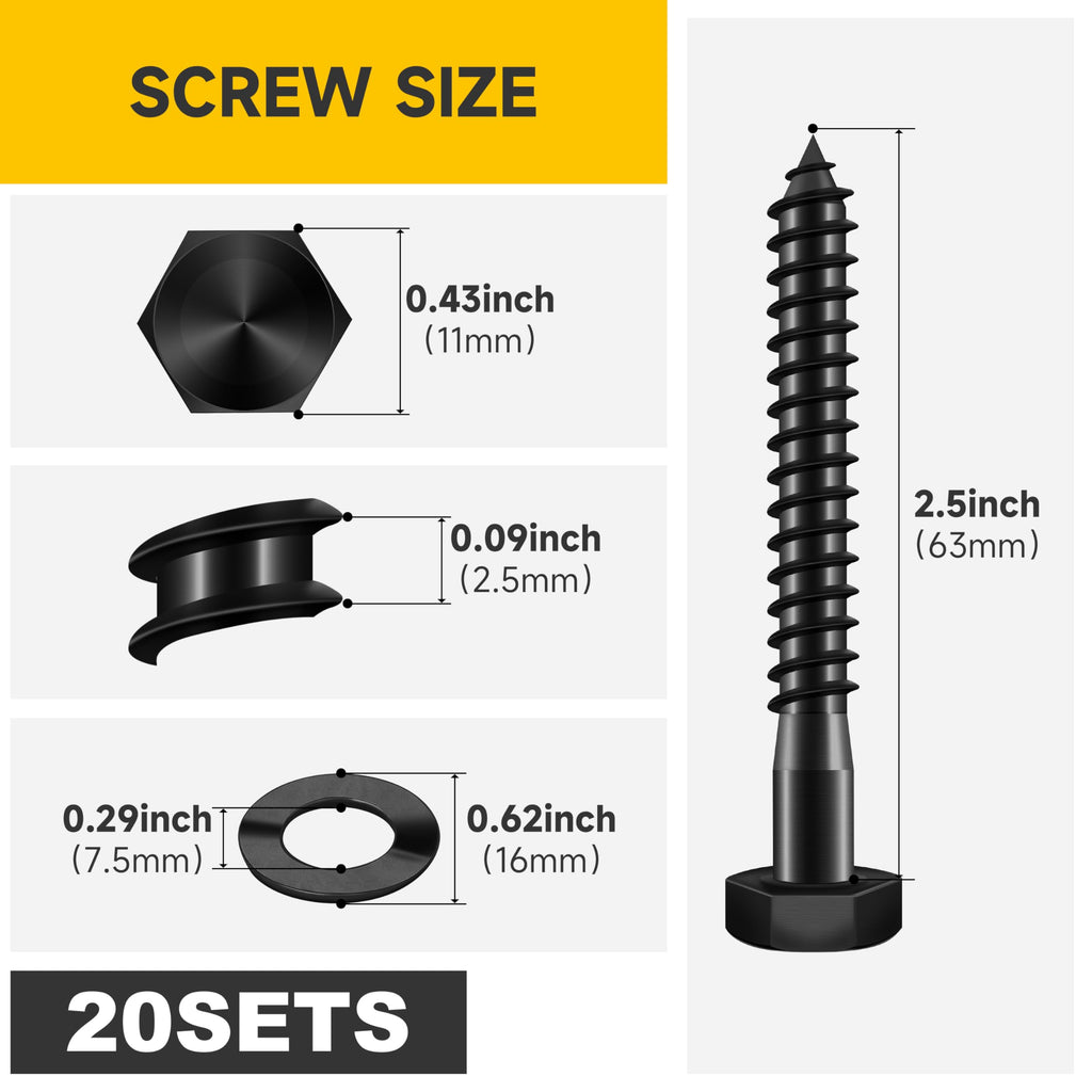 (20Sets) 1/4" x 2-1/2" Hex Head Lag Bolts, Heavy Duty Lag Screws with Washers, 304 Stainless Steel Bolts 18-8, Lag Screws Wood Screws, Partial Thread Black Oxide, 1/4 Bolt by Mywish
