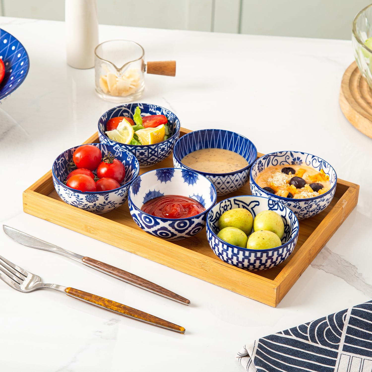 Cerkik Ceramic Dipping Bowls Set - Mini 4 Oz / 113 ml Dessert Bowls - Small 3.5 Inch / 9 cm Porcelain Bowls for Side Dishes, Snack, Appetizer - Microwave Dishwasher Safe - Set of 6 - Vintage Blue