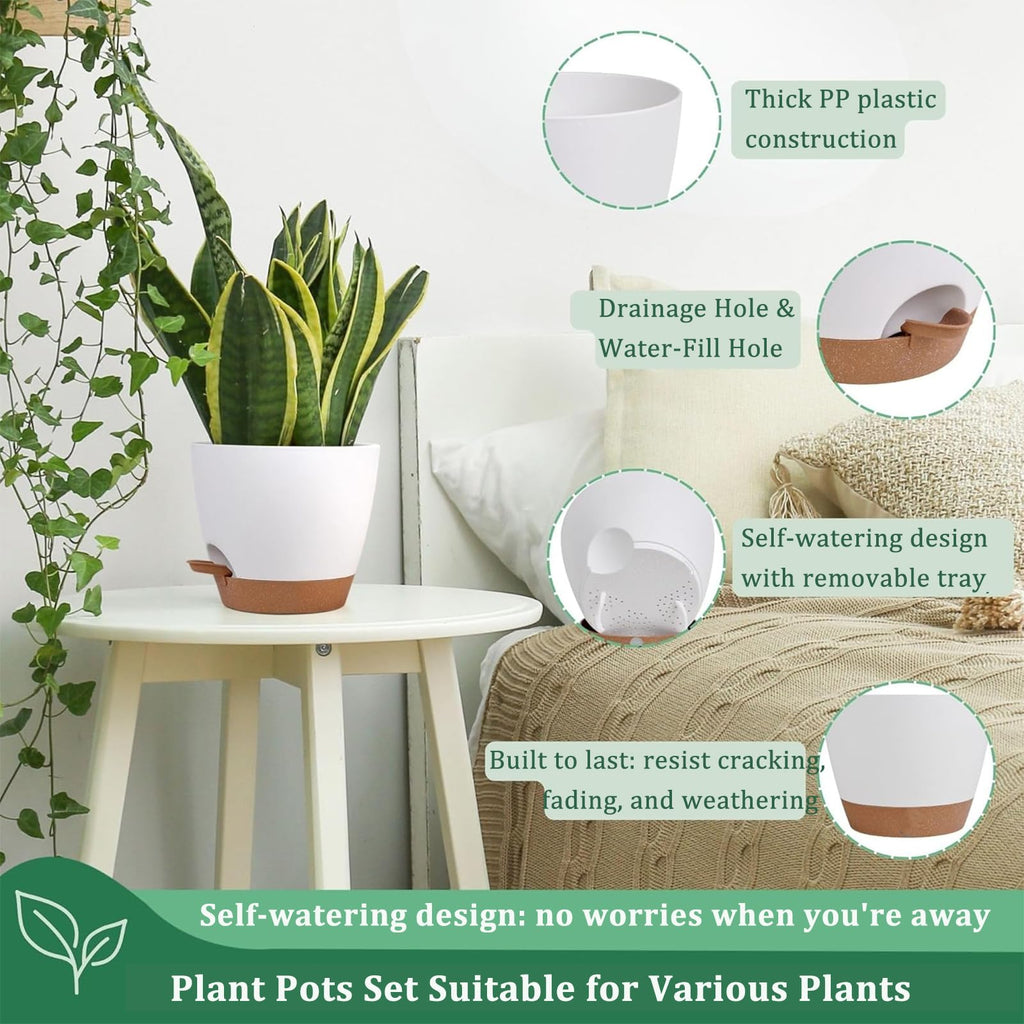 Plant Pots 7/6.5/6/5.5/5 Inch Self Watering Flower Pots Indoor Outdoor 5 Pack Plastic Planters with Drainage Holes Saucers Nursery Planting Pot for Indoor Outdoor Plants, White