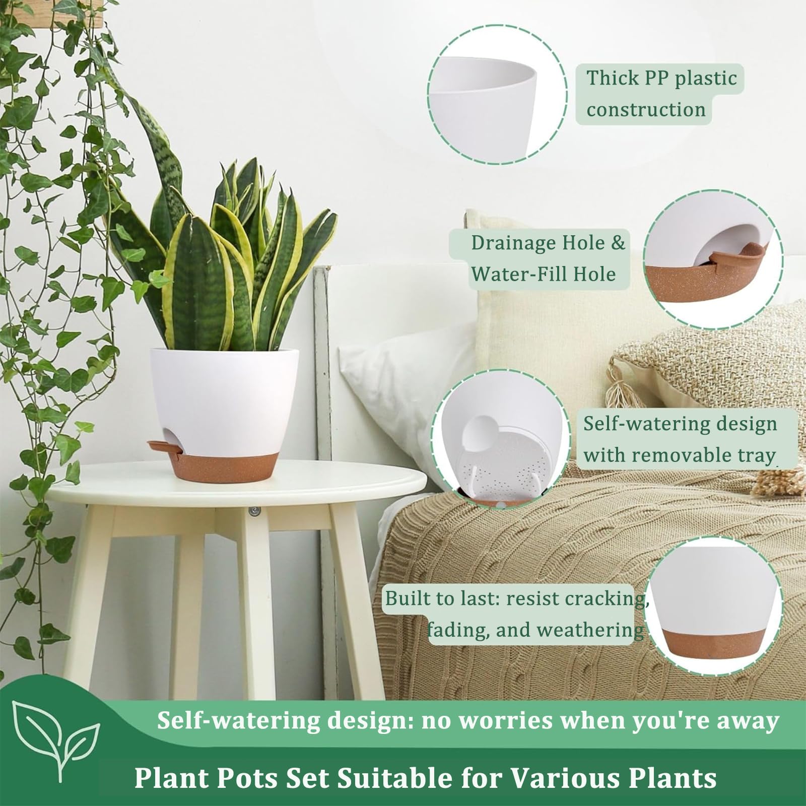 Plant Pots 7/6.5/6/5.5/5 Inch Self Watering Flower Pots Indoor Outdoor 5 Pack Plastic Planters with Drainage Holes Saucers Nursery Planting Pot for Indoor Outdoor Plants, White