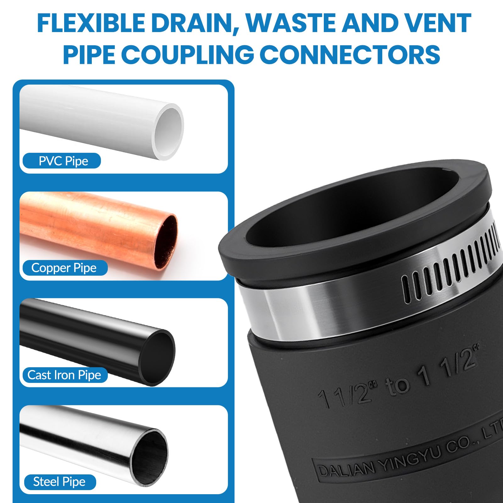 DLYYPLUS 2 Pcs 1-1/2 in Flexible PVC Pipe Coupling with Stainless Steel Clamps Fit 1-1/2 in Nominal Pipes, Couplers for Plastic and Copper Pipe Plumbing Connections, Drain Repair, Dust Hose