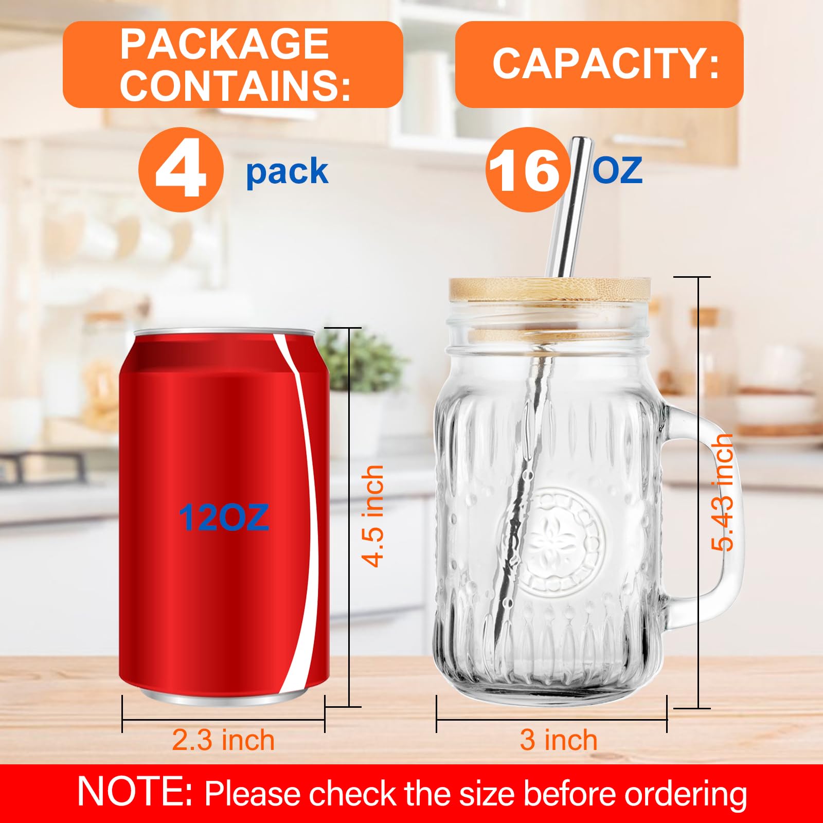 Magicsky Mason Jar Cups with Handles, Vintage 16 oz Glass Iced Coffee Cup with Bamboo Lids and Straws, Pint Drinking Jars Mug for Smoothie, Cold Drinks, Juice, Party Beverages, Set of 4
