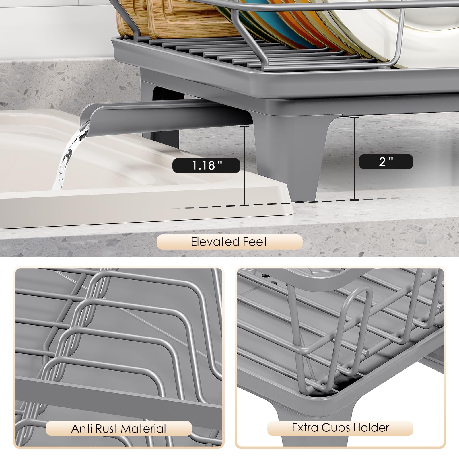 Urackify Dish Drying Rack - Large Dish Rack with Drainboard for Kitchen Counter, Stainless Steel Dish Drainer Fits Most Kitchen Sinks, Gray