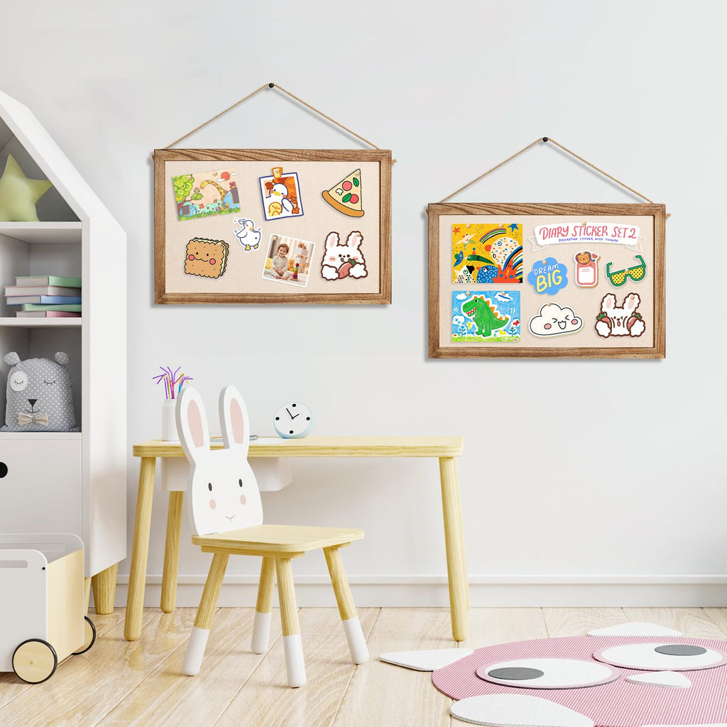 Emfogo 2-Pack Cork Board with Linen 16x11 inch Bulletin Boards Wall Decor Hanging Pin Wood Framed Display Bulletin Cork Picture Board Light for Room School Office Bedroom 20-Pushpin （Torched Wood）