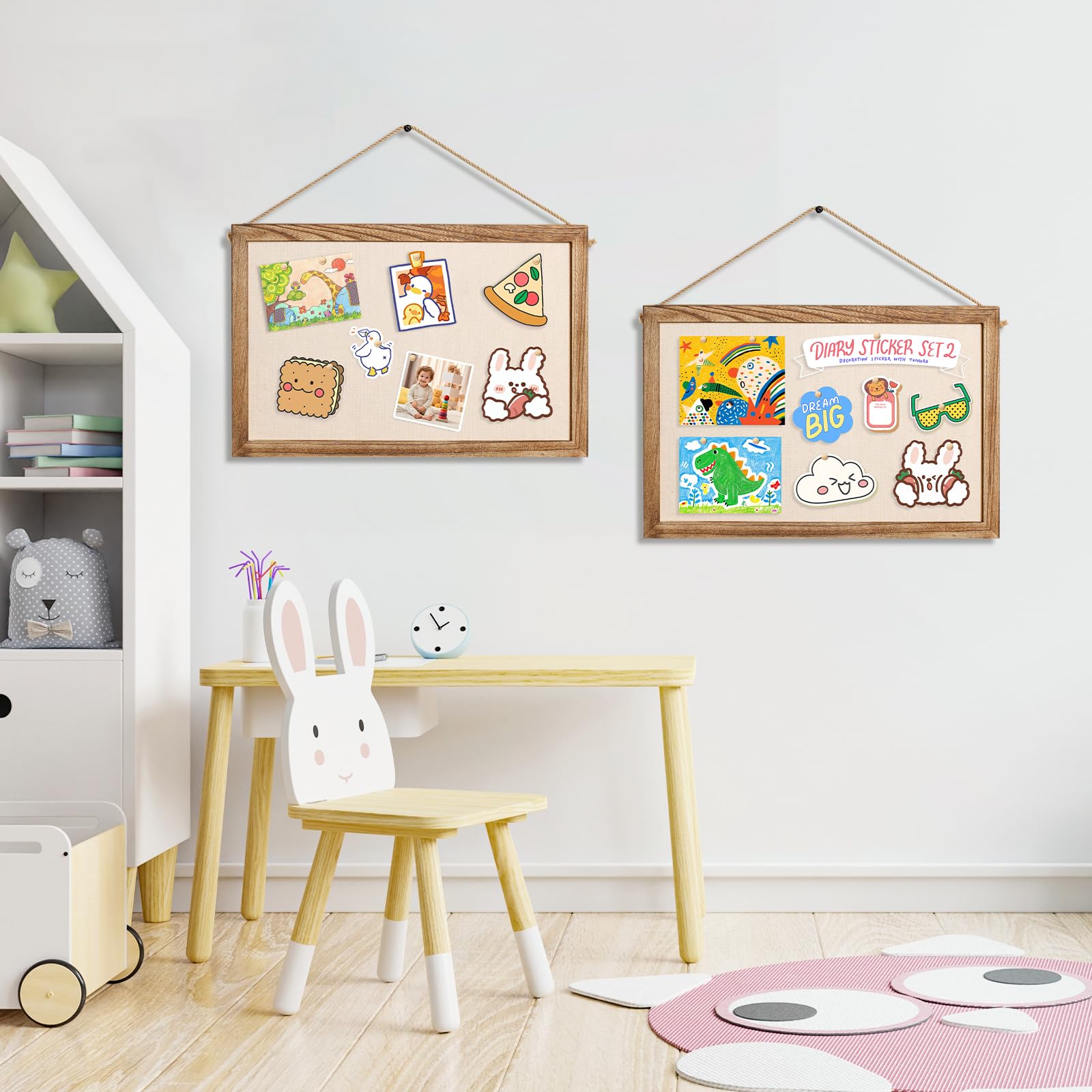 Emfogo 2-Pack Cork Board with Linen 16x11 inch Bulletin Boards Wall Decor Hanging Pin Wood Framed Display Bulletin Cork Picture Board Light for Room School Office Bedroom 20-Pushpin （Torched Wood）