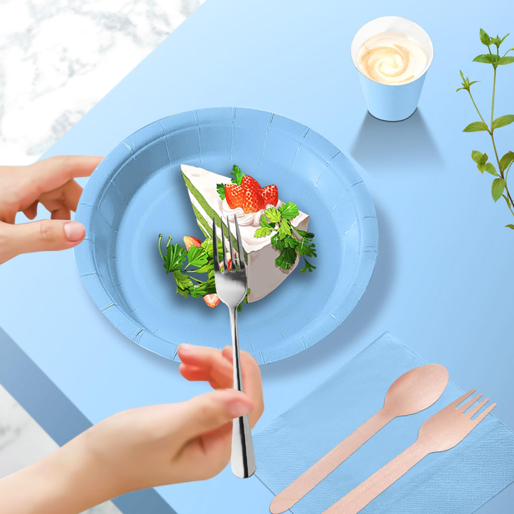 PYAILI 169 Pcs Baby Blue Party Tableware Set, Paper Plates Cups Napkins Tablecloth, Dinnerware Set for Kids Adult Birthday,Wedding,Baby Shower Party Tableware