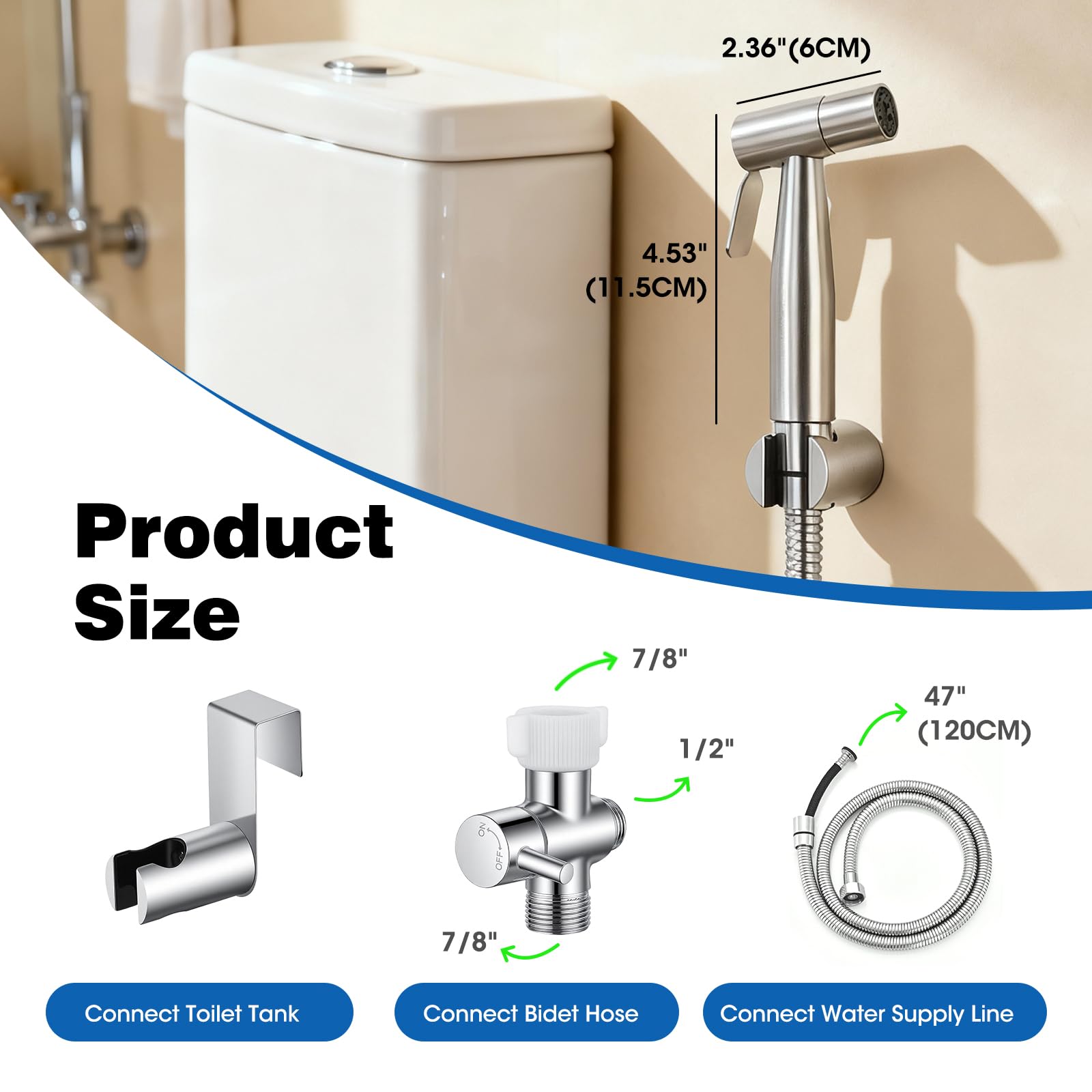 Handheld Bidet Sprayer Set for Toilet Stainless Steel Brushed Nickel Full Pressure & Stainless Steel & Leakproof with Hose Great Water Pressure for Bathing Pets, Personal Hygiene