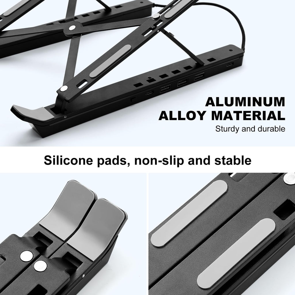 Laptop Stand for Desk, Aluminum Computer Stand with USB-A、USB-C and RGB Lights, Adjustable Foldable Portable Notebook Stand, Multi-Functional Laptop Riser with Additional Ports
