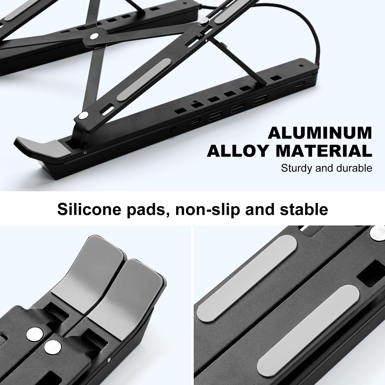 Laptop Stand for Desk, Aluminum Computer Stand with USB-A、USB-C and RGB Lights, Adjustable Foldable Portable Notebook Stand, Multi-Functional Laptop Riser with Additional Ports