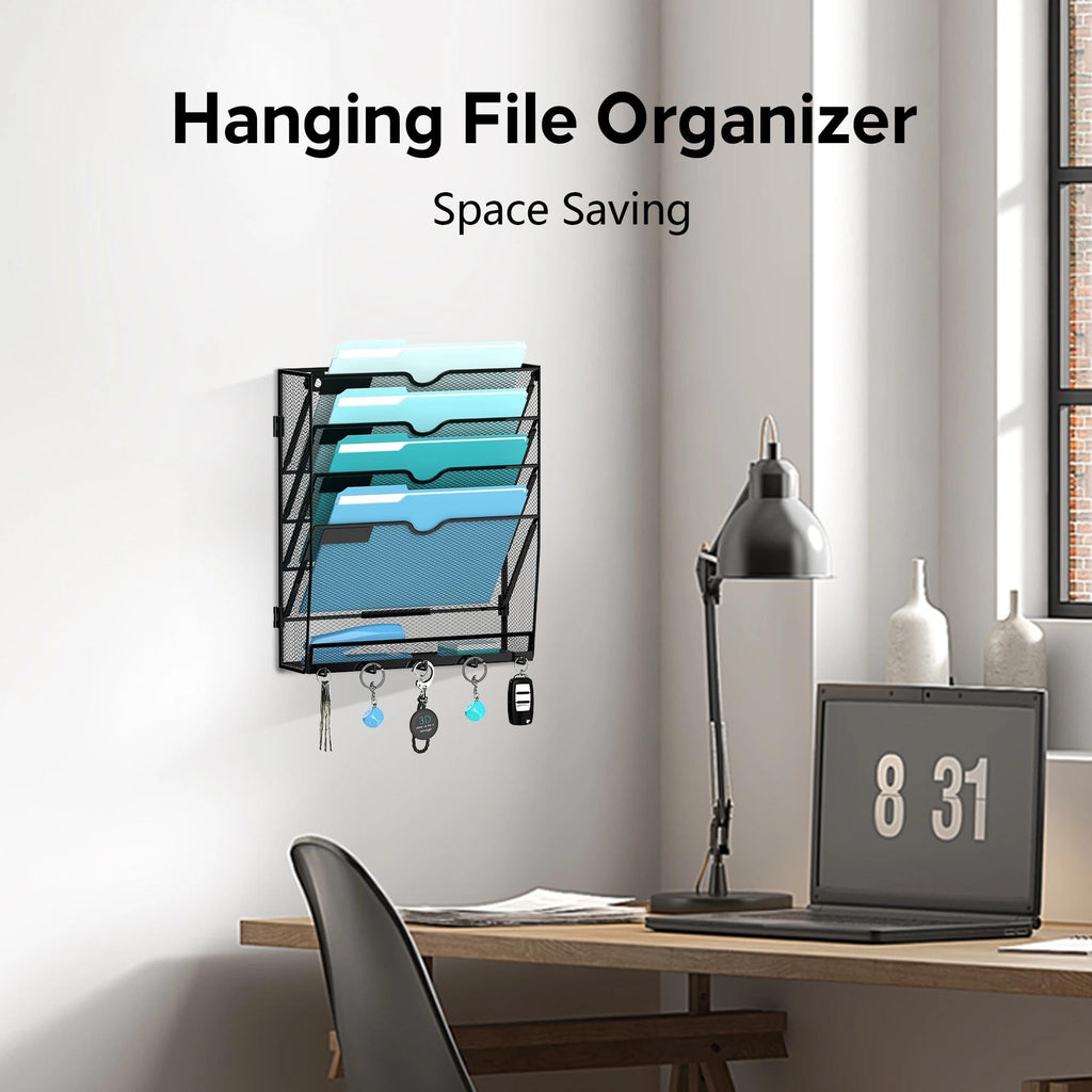 5-Tier Hanging Wall File Organizer with 5 Hooks, File Holder with Labels, Vertical Wall Mount Mail Organizer for Papers, Folders, Magazines, Office Organization, Assembly Needed, Black