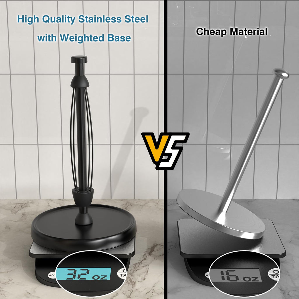 Paper Towel Holder Countertop, One-Handed Tear, Stainless Steel, Weighted Base, Black Paper Towel Holder Stand with Ratchet Mechanism for Kitchen Bathroom Decor Accessories, Black
