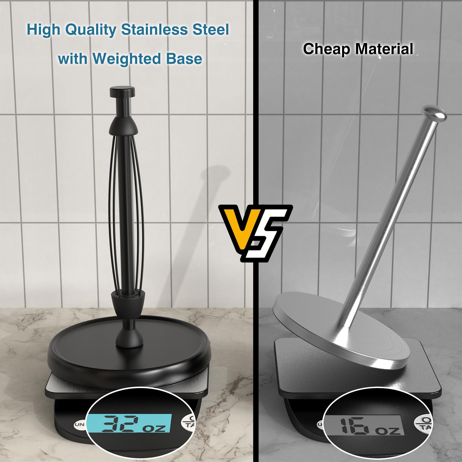 Paper Towel Holder Countertop, One-Handed Tear, Stainless Steel, Weighted Base, Black Paper Towel Holder Stand with Ratchet Mechanism for Kitchen Bathroom Decor Accessories, Black