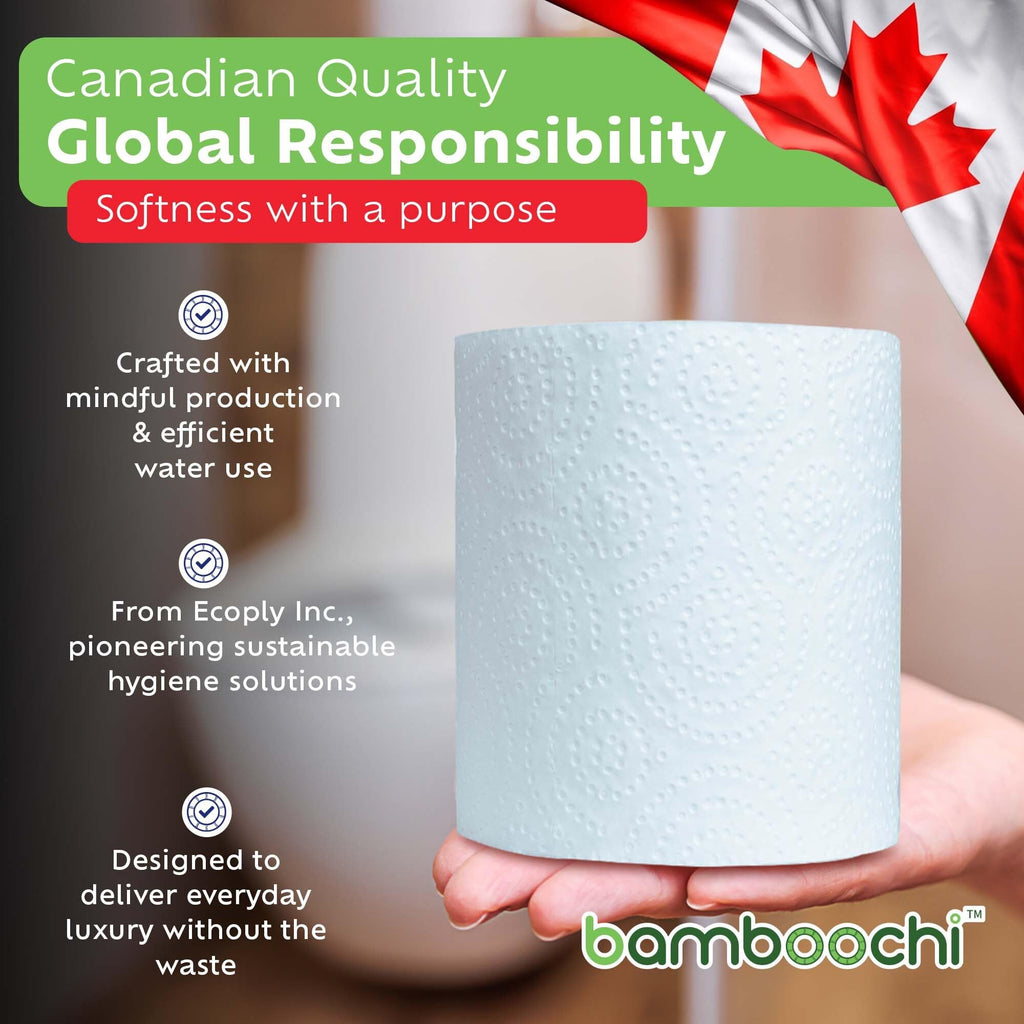Bamboochi Bamboo Toilet Paper, Septic Safe Toilet Paper 2 Ply 12 Rolls 300 Sheets Per Roll, Soft Unscented Bath Tissue, RV Safe, Eco-Friendly, Non Chlorine, PFAS Free, Proudly Made in Canada