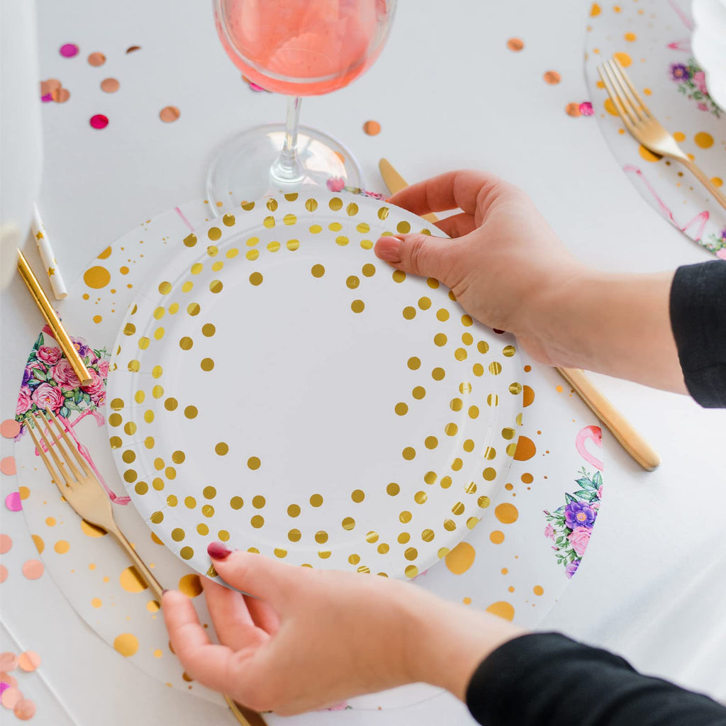 MATICAN 100-Pack Disposable White & Gold Party Plates, 9-Inch with Foil Polka Dots