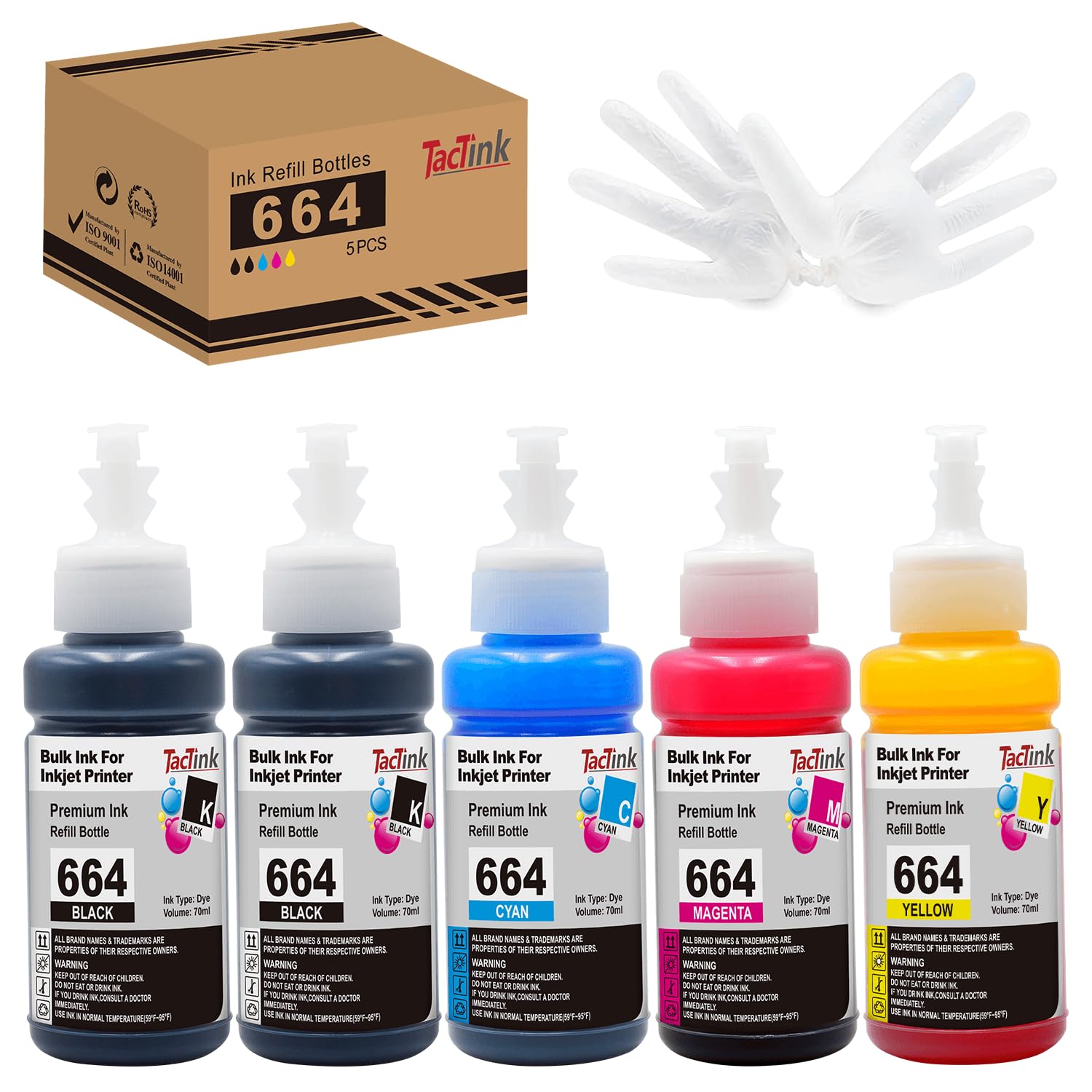 TacTink 664 Ink Refill Bottles Replacement for T664 Ink tp Work with Epson ET-2650 ET-2500 ET-2550 ET-2600 ET-4500 ET-14000 L100 L110 L120 L200 L210 L300 L350 L355 L550 L555 Printers (5 Pack)