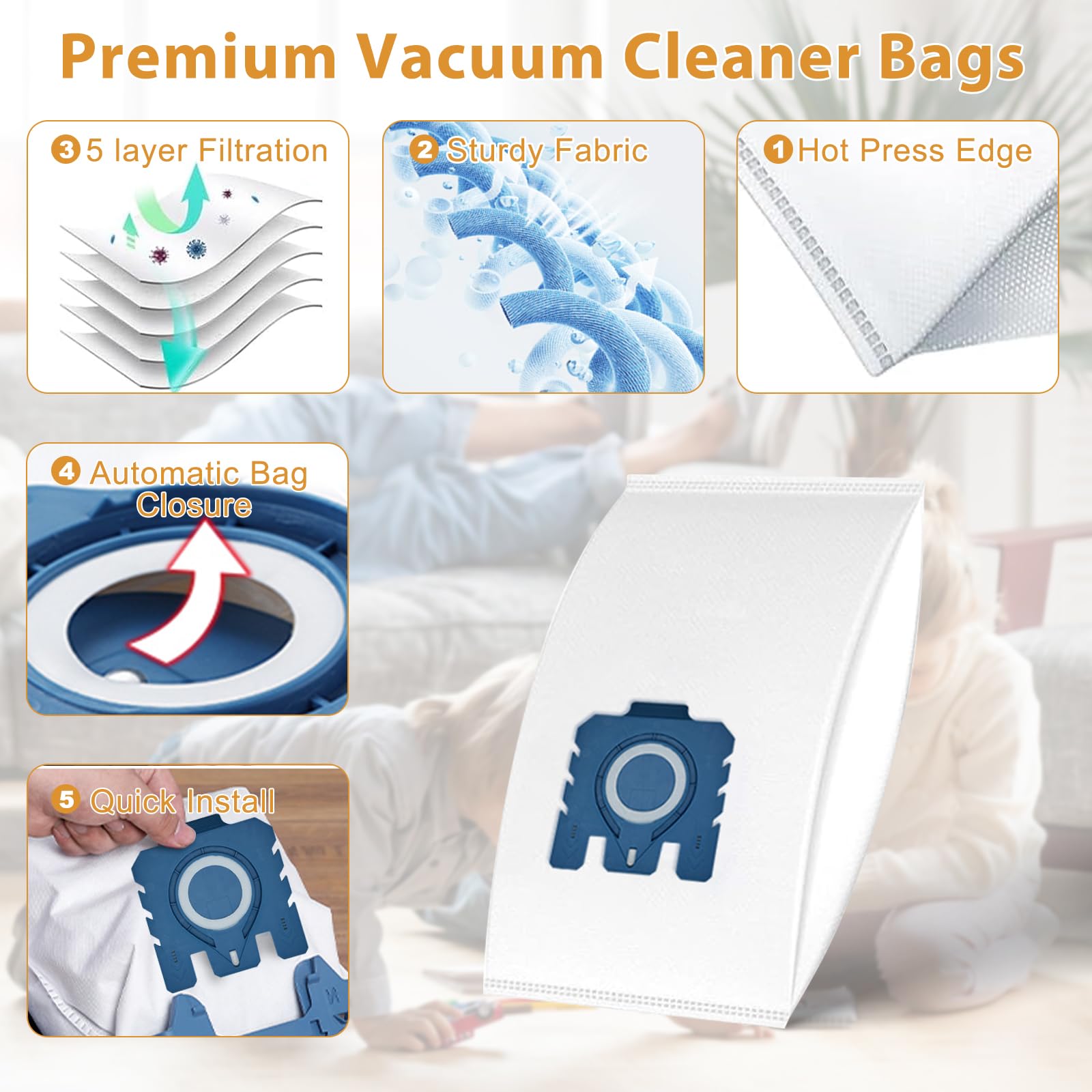 10 Pack 3D GN Vacuum Bags Replacement for Miele GN Dust Bags Fits for Complete C2 C3, Classic C1, S2 S5 S8 S400 S600 Series Vacuum Cleaners with 3 Motor Protection, Air Clean Exhaust Filters