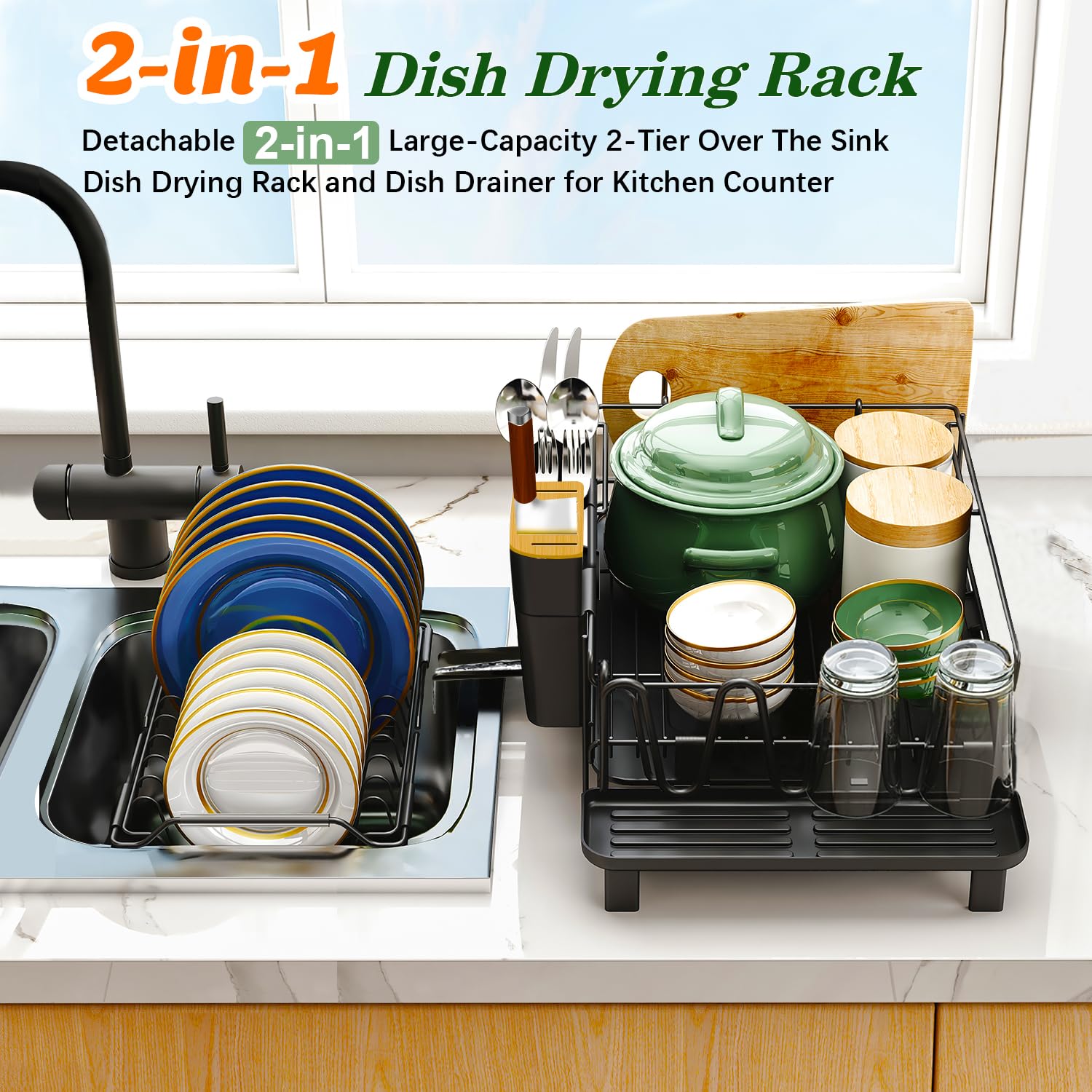 Runnatal Large Dish Drying Rack with Drainboard Set, Extendable Dish Rack, Utensil Holder, Cup Holder, Large-Capacity 2-Tier Dish Drying Rack, Expandable Dish Drainer for Kitchen Counter