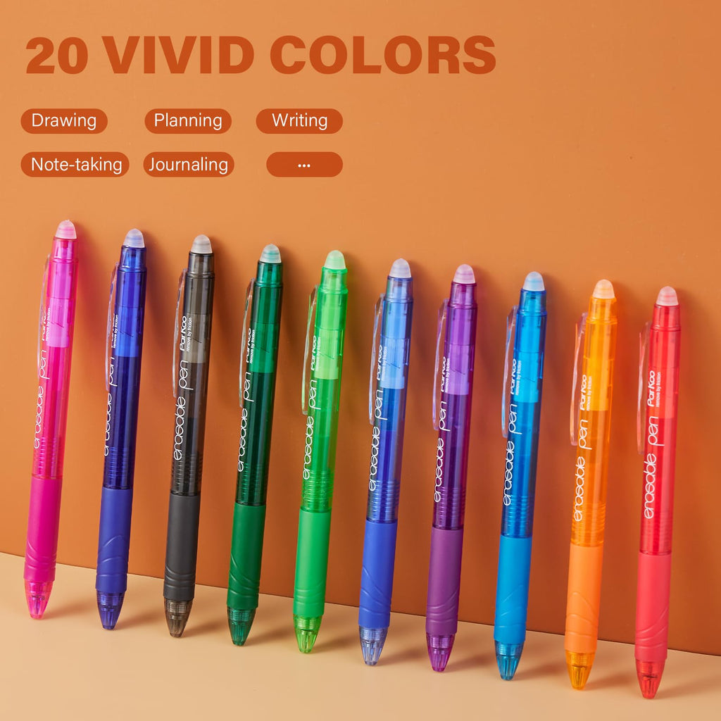 ParKoo 20 Colors Retractable Erasable Gel Pens Clicker, Fine Point 0.7 mm, Make Mistakes Disappear, Comfort Grip for Drawing Writing Planners and Crossword Puzzles