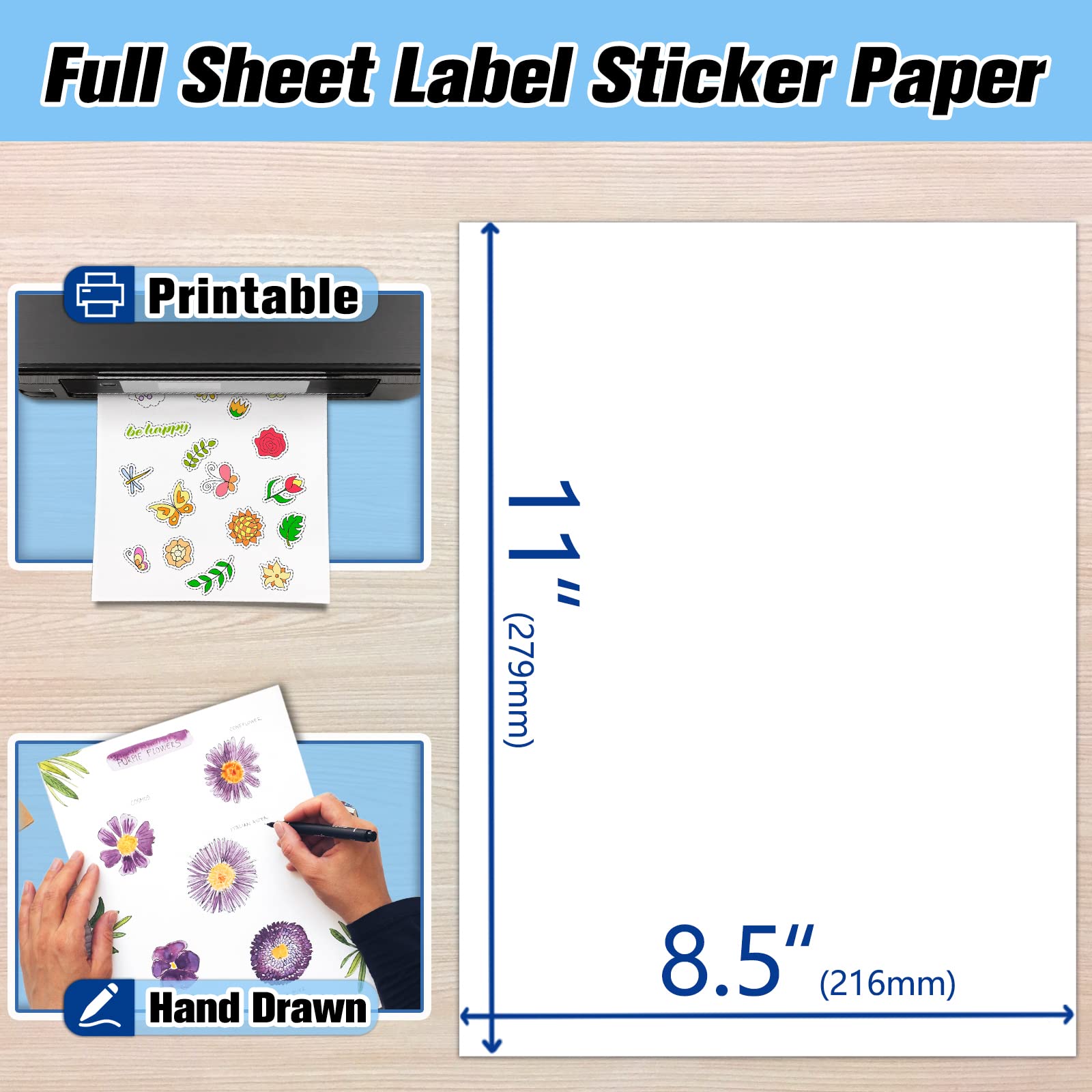 Koala Sticker Paper, Matte White, 100 Sheets 8.5x11 Inch Printable Full Sheet Label Paper for Inkjet Printers