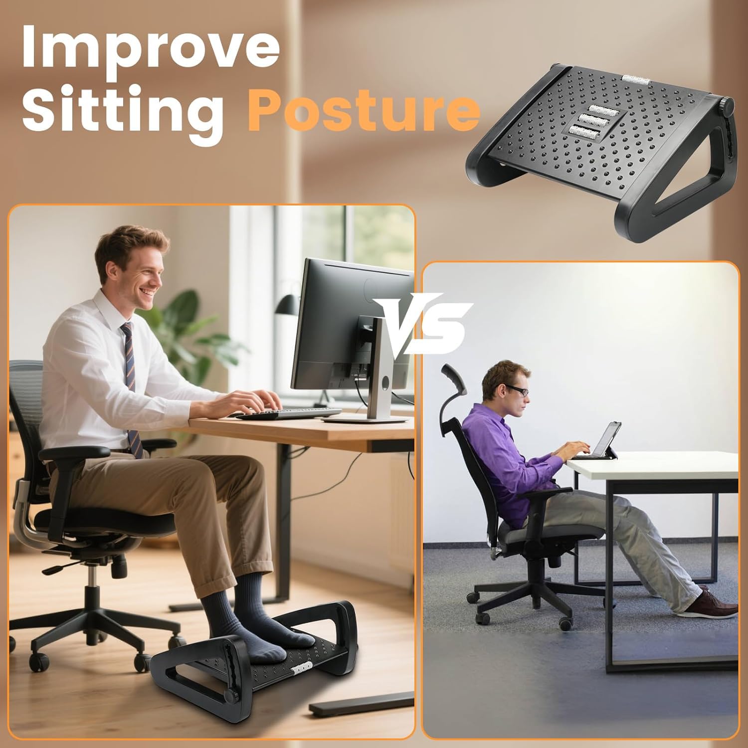 ThatPure Foot Rest for Under Desk, 6 Heights Adjustable Ergonomic Foot Stool with Massage Rollers, Chair Footrest for Leg Rests at Work Gaming Home Office