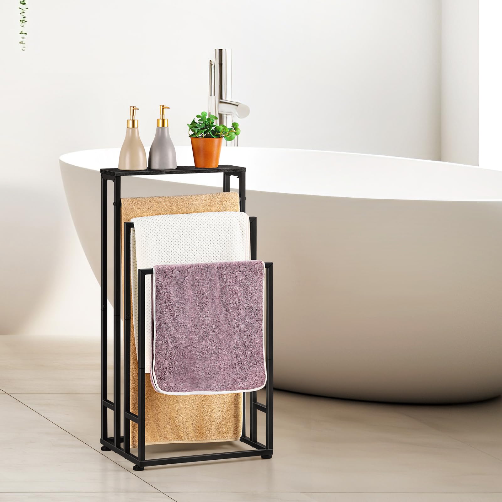 Freestanding Towel Rack 3 Tier Towel Drying Rack for Bathroom Standing Hand Towel Holder Black Towel Rack Stand with Storage Shelf for College Dorm Pool Side (Black)