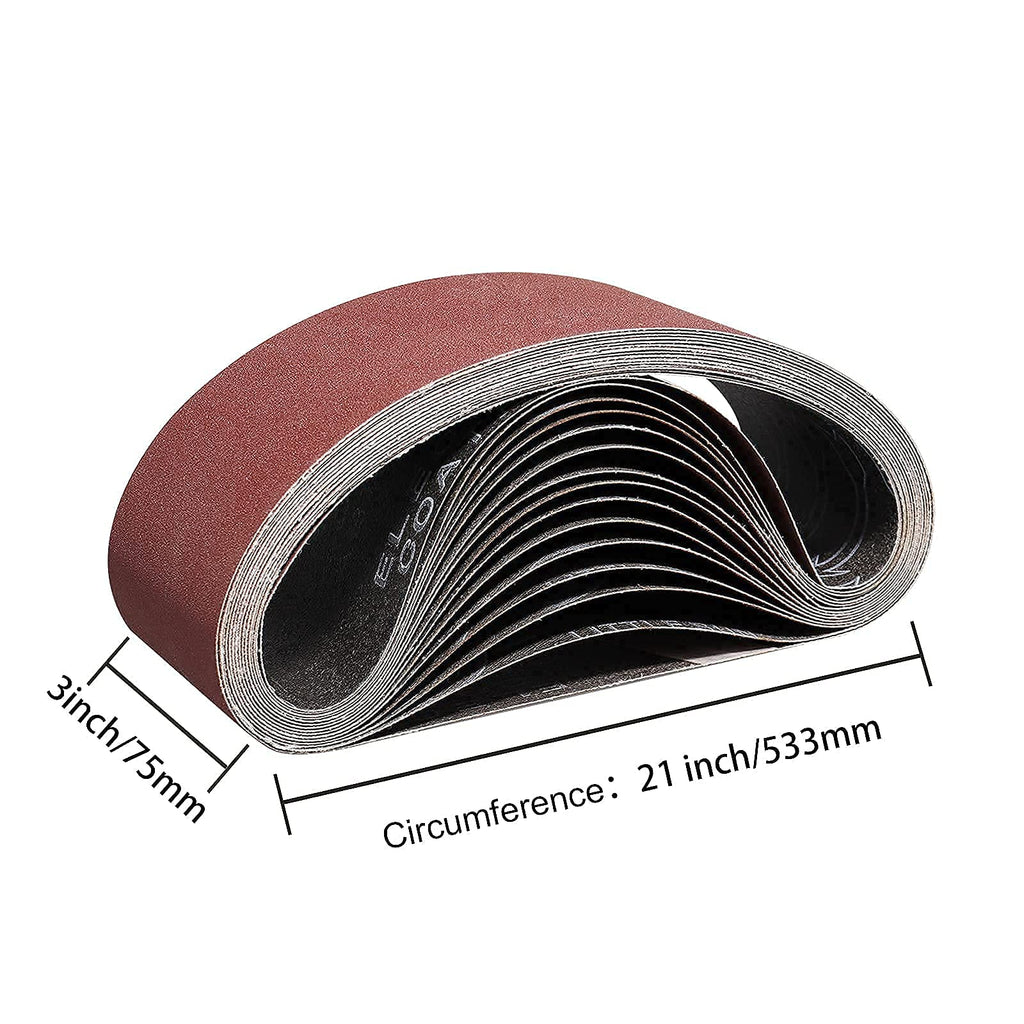 POTUINOM 15pcs Sanding Belts 3 x 21 Inch,Belt Sander Belts 80/120/150/240/400 Assorted Grits,Best for Sanding Wood,Metal and Paint-15 Pack