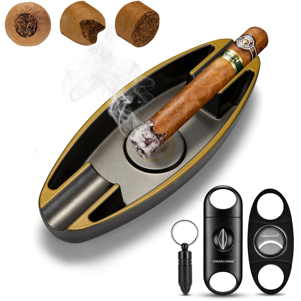 Portable Cigar Ashtray Set With V Cutter, Straight Cutter, Punch - Accessories for Travel, Home, Office, Indoor and Outdoor Use - Gift for Men