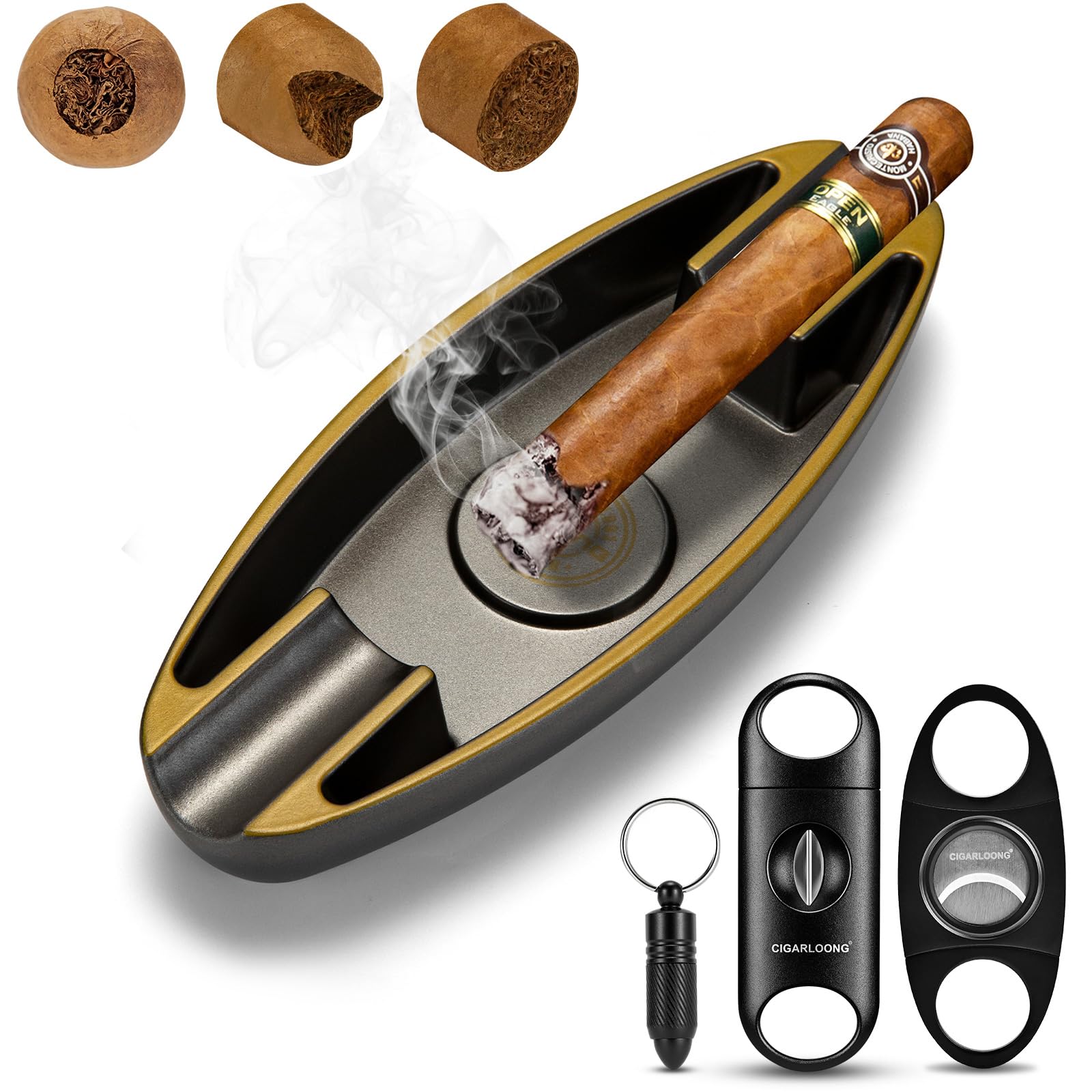 Portable Cigar Ashtray Set With V Cutter, Straight Cutter, Punch - Accessories for Travel, Home, Office, Indoor and Outdoor Use - Gift for Men