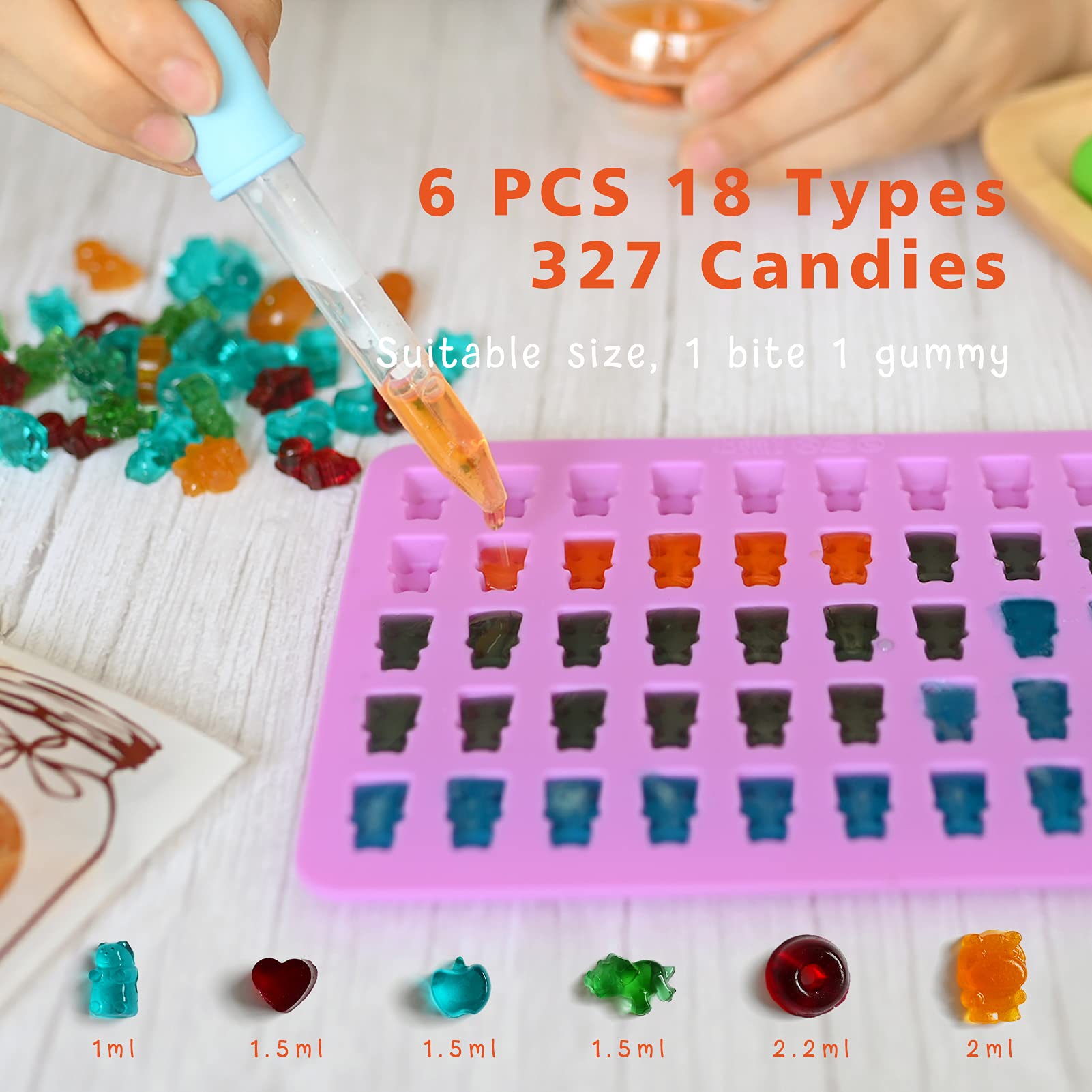 Gummy Bear Molds Silicone 32PCS, Non-Stick Chocolate Candy Mold 18 Shapes for 327 Candies, with 4 Droppers, Clean Brush, Storage Box, 20 Wrappers, Including Dinosaur Mini Donut Fruit Animals Shaped