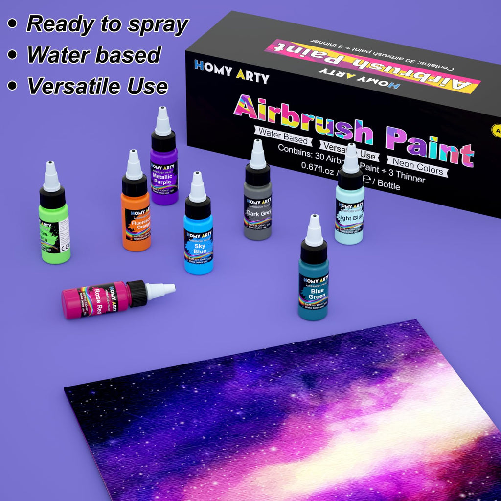 HOMY ARTY Airbrush Paint - 30 Colors with 3 Thinner, Ready to Spray Airbrush Paint Set, Water-Based Acrylic Airbrush Paints for Metal, Plastic Models, Canvas, Wood, 20ml/Bottle