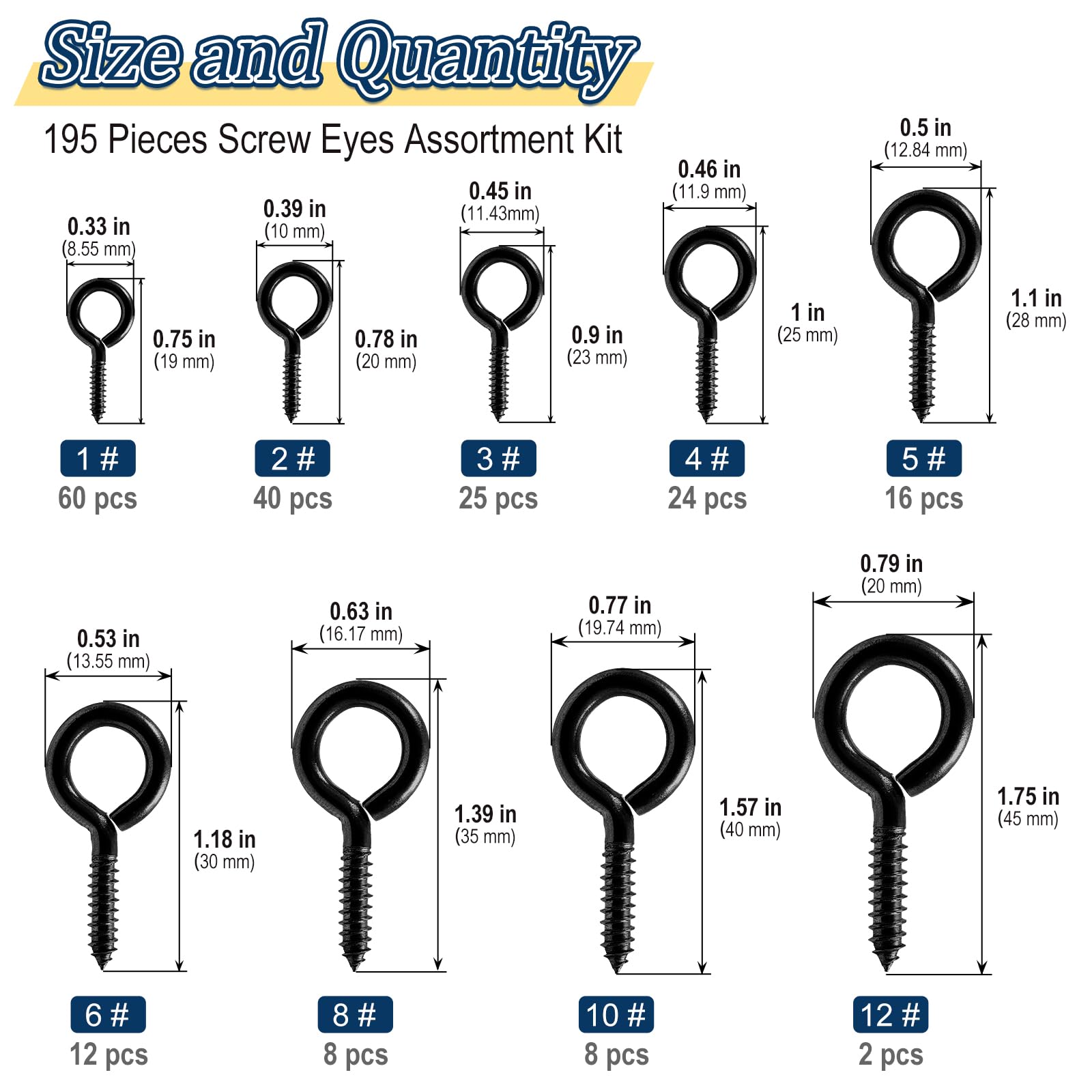 Vifmy Screw Eyes Assortment Kit(195Pcs),0.75" 0.78" 0.90" 1" 1.1" 1.18" 1.39" 1.57" 1.75" Zinc Plated Eyelet Screws,Metal Small Tapping Screw Hooks Ring,Black