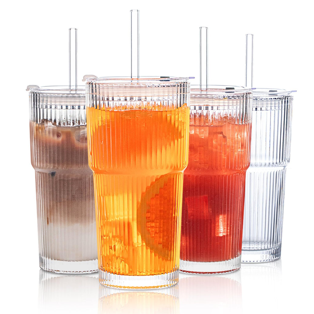 INSETLAN 20 oz Ribbed Glass Tumblers with Lids and Glass Straws – 4-Piece Glassware Set, Heavy-Duty Tumblers, Ideal for Iced Coffee, Smoothies, Cocktails, and Juices – Elegant and Durable Drinkware