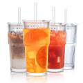 INSETLAN 20 oz Ribbed Glass Tumblers with Lids and Glass Straws – 4-Piece Glassware Set, Heavy-Duty Tumblers, Ideal for Iced Coffee, Smoothies, Cocktails, and Juices – Elegant and Durable Drinkware